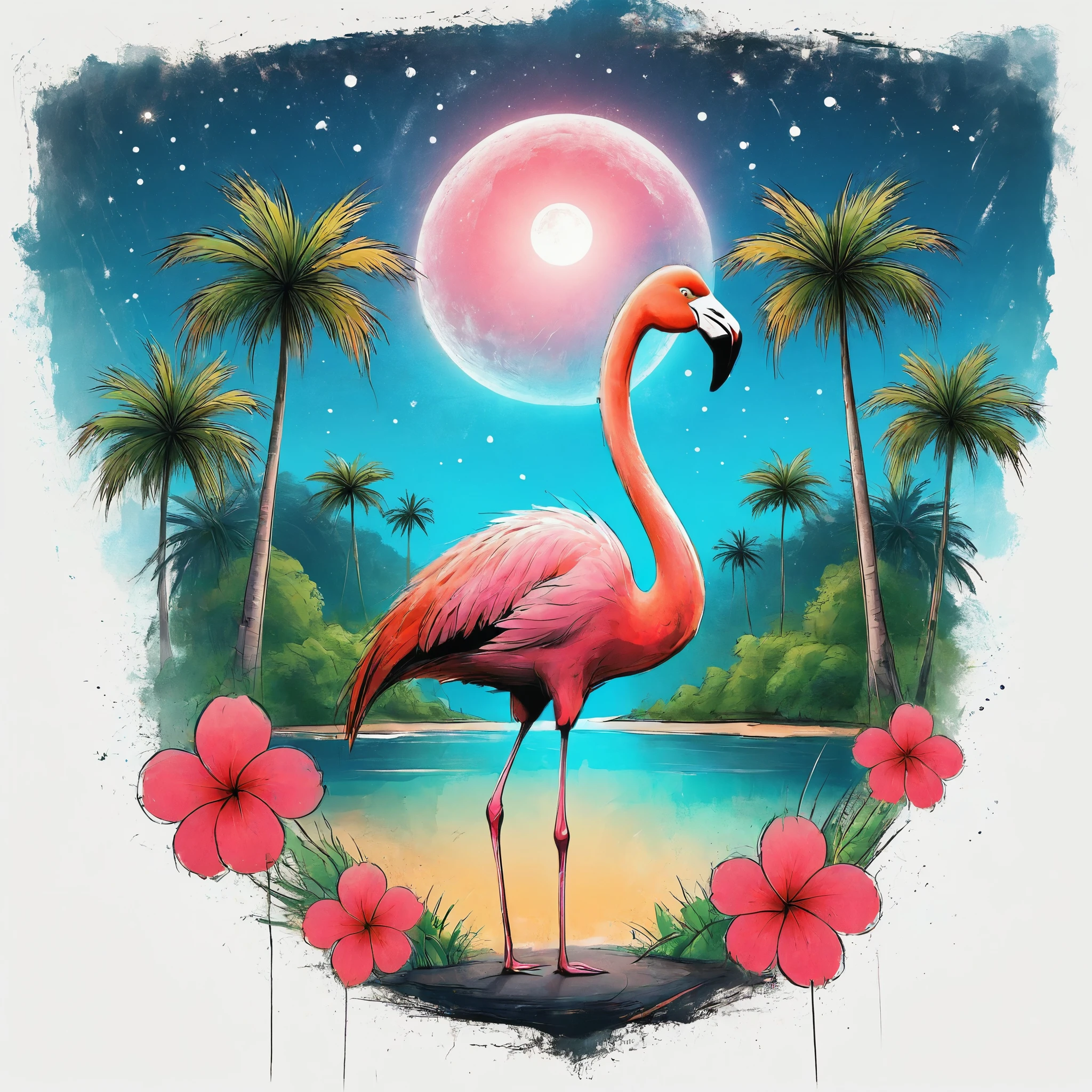 Vector Art, Colorful illustration with flamingo and flowers, In the center, Vibrant colors，Tropical rainforest starry sky background
