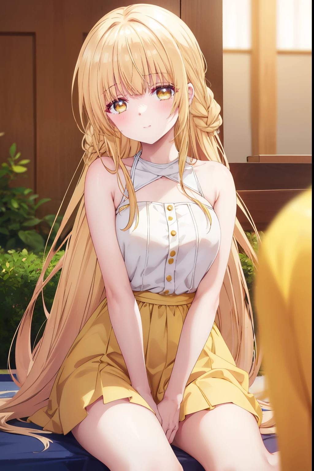 Mahiru shiina, , blonde, (Yellow Eyes:1.3)、Braided long hair,,blush,smile,Captivating thighs、Beautiful bare legs, Sideways armpit、Cat ear、Cat's Tail、She's very clingy
(masterpiece:1.2), highest quality, High resolution, unity 8k wallpaper, (shape:0.8), (Beautiful and beautiful eyes:1.6), Highly detailed face, Perfect lighting, Extremely detailed CG, (Perfect hands, Perfect Anatomy),