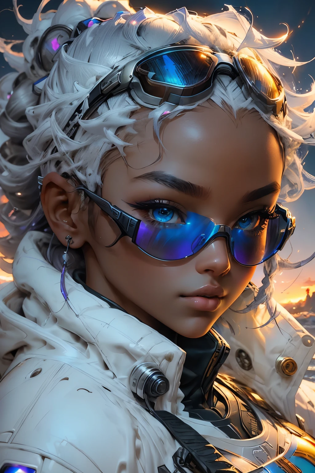 Masterpiece, Best Picture Quality (Ultra HD: 4K), Extreme Vividness, Anime Girl with Curly Ponytail, Figure Sculpted to Perfection, White Functional Coat with Blue-Purple Gradient Trim, Small, Compact Ski Goggles, Cyberpunk Inspired, Gray Hair with Natural Casual Style, Dynamic Stance, Golden Section Guidelines, Portrait with Large Aperture, Cool Tones, Strong Visual Impact, White Space for Balance, Light and Shadow Contrast for Depth, Super Texture to Enhance Detail, Sunset Afterglow Adding Warmth, Super Clear Picture for Br