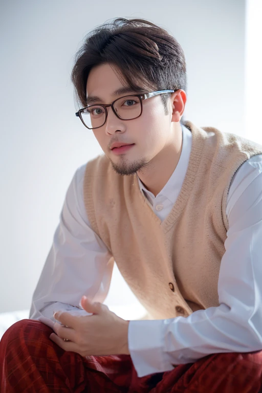 1boy, handsome male, face, beard, white background, wearing glasses, amm mc outfit, acmm tp outfit, acmm cp outfit, wearing acmm top, very attractive, blurry_background, (high detailed skin:0.8), 8k uhd, dslr, soft lighting, HDR, warm light, high quality, film grain, Fujifilm XT3,