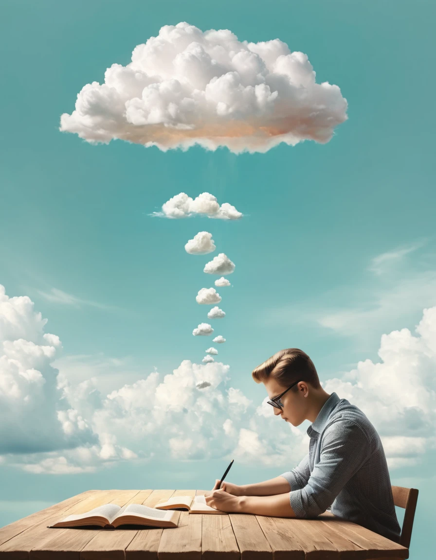 man writing book on table, symbolic thoughts cloud above head, movie shown in cloud, ultra-realistic, 4k, pastel color photo