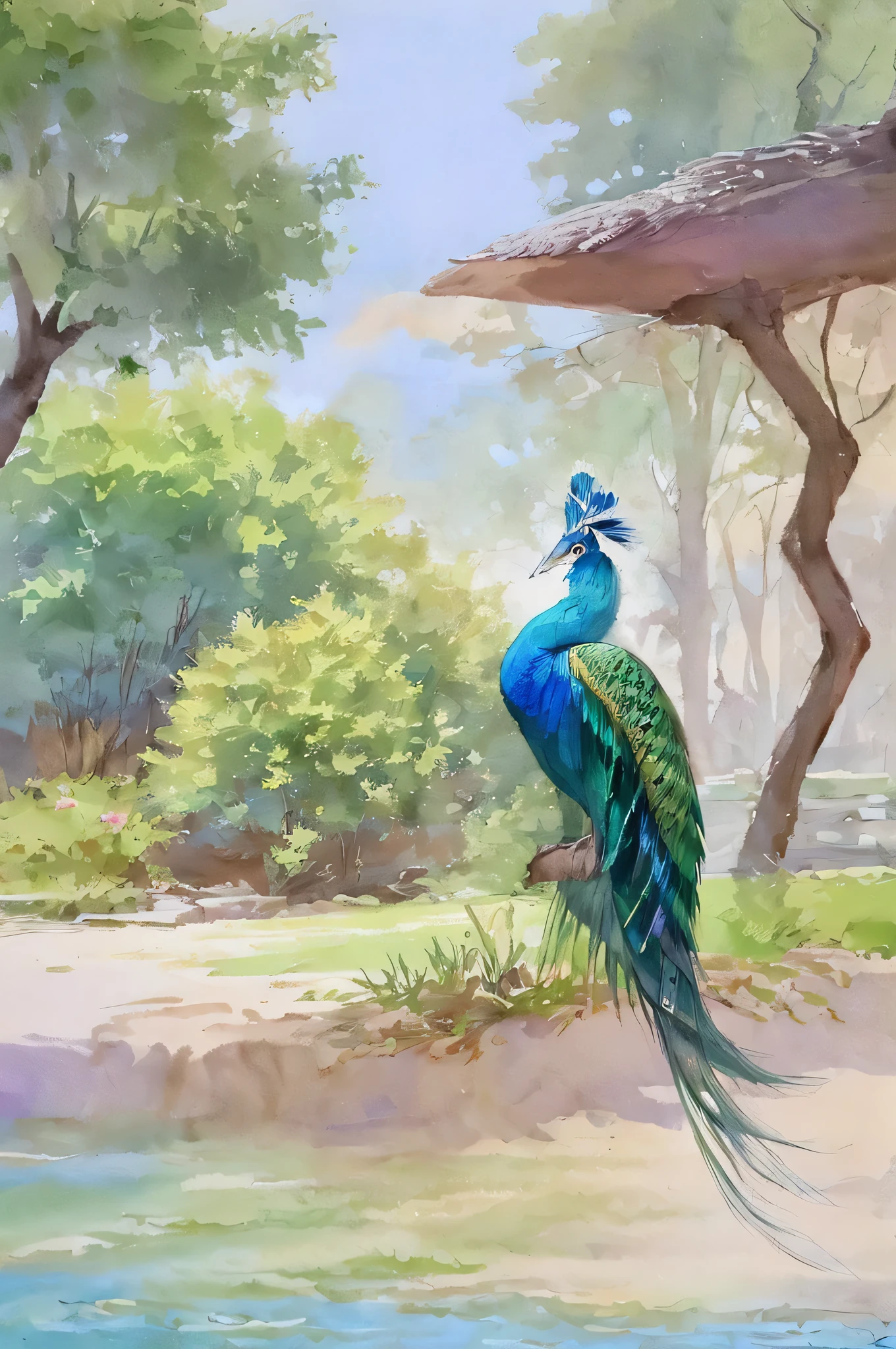 Father and  in Awe of Majestic Peacocks at the Zoo

The father figure, his expression filled with delight and wonder, gently guides his  towards the enclosure. The sun casts a warm, golden glow over their faces as they gaze at the proud peacocks strutting around, their vibrant feathers shimmering in the light. The serene atmosphere is broken only by the excited giggles of the , her eyes wide with amazement. The scene is captured in exquisite detail, every feather and freckle rendered with clarity and sharp focus. The vibrant colors of the peacocks' plumage pop against the soothing background of lush greener