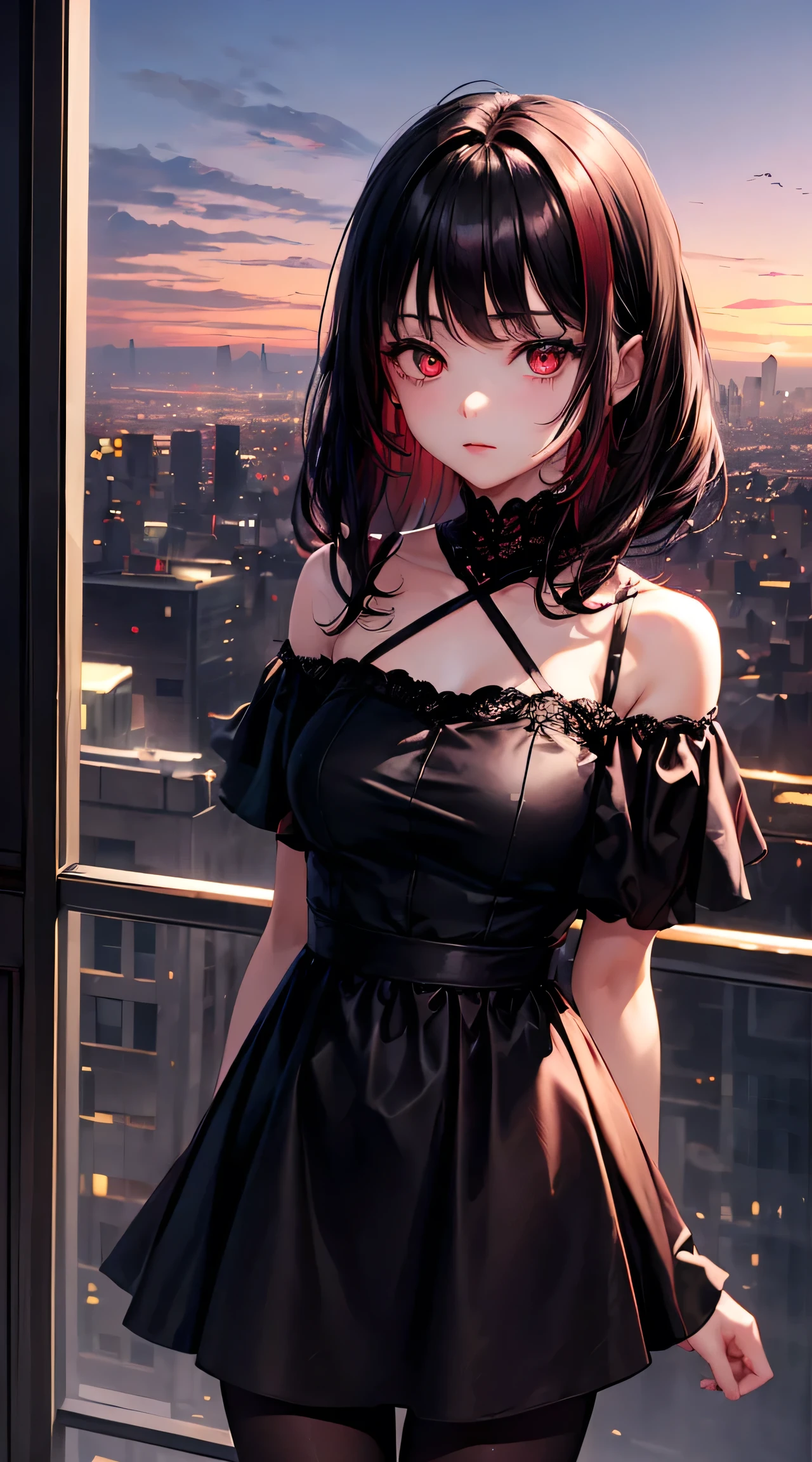((15 years old))((female))((long black hair))( ((dark red eyes)))((off-the-shoulder dress)))(((background: city at dusk))), black pantyhose