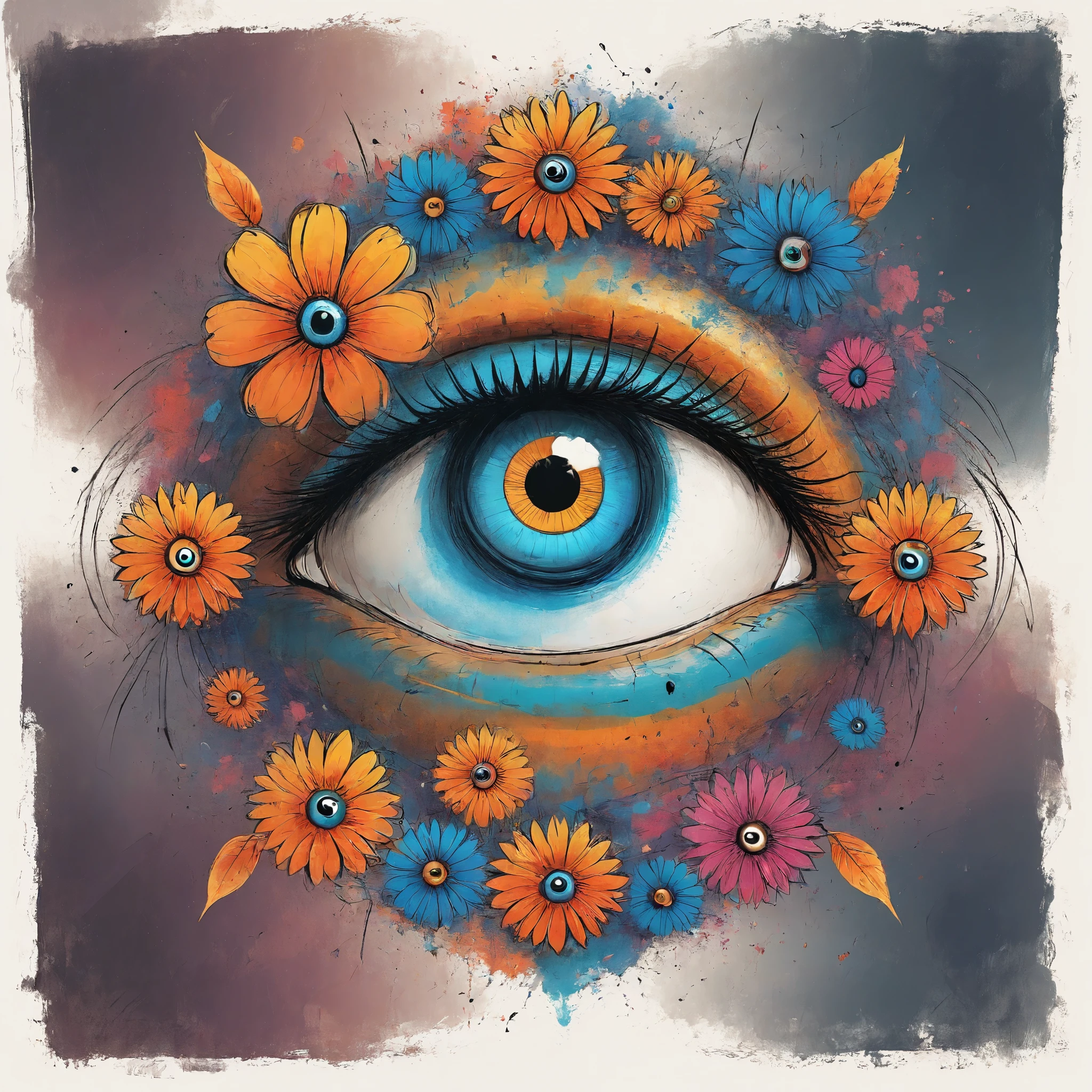 Vector Art, Colorful illustration with lots of eyes and flowers, In the center, Vibrant colors，Dark wind background
