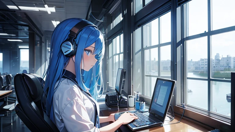 Woman operating a computer、Sit on a chair Blue Hair、blue eyed girl、The large windows offer a view of the blue sky.、Profile of a woman looking out the window。A woman is wearing headphones 4k, sad,、Bowwater'Art Style、Beautiful digital illustrations、Beautiful character drawings、Stunning Anime Face Portrait Mikudayo, Official artwork, lofi girl, Admire the art style,, Halfbeak, Anime atmosphere, A mix of anime style and Fujifilm, Digital anime illustration, anime wallpaper 4k ヘッドフォンをつけた少女 Blue Hairの女性 Put on headphones; On the desk View the computer girl'profile detailed High resolution high quality