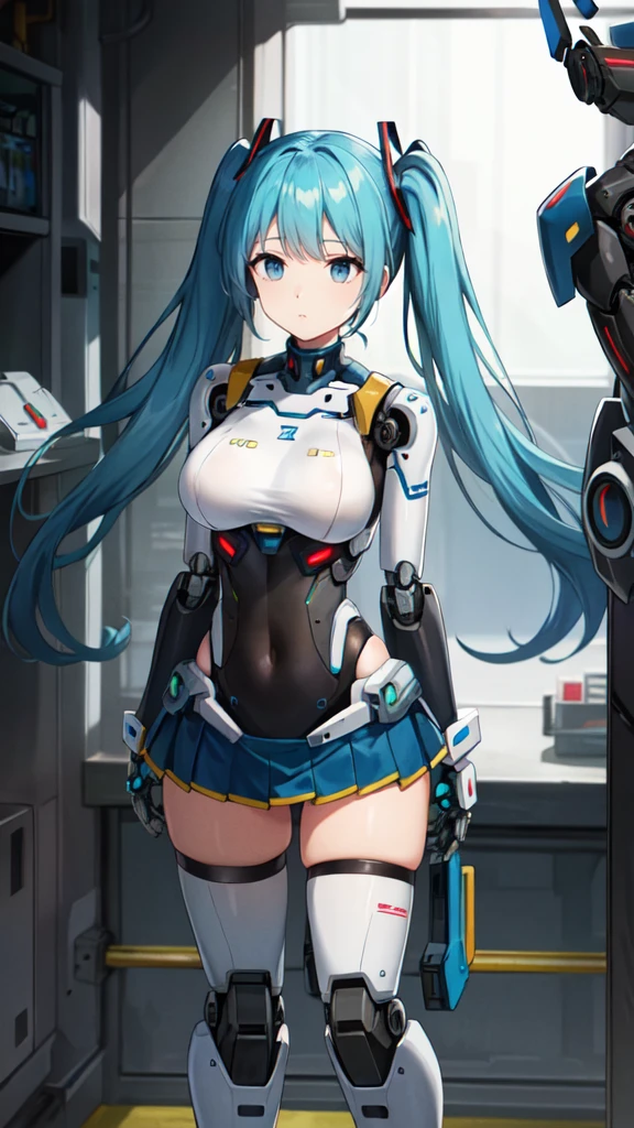 masterpiece, best quality, extremely detailed, 8k portrait, well-toned body,Japaese android Girl, Ultimate physical beauty, huge breasts , announcer,control panels,Robot arms and legs, hatune miku VOCALOID, twin tails, light blue eyes, light blue hair,Mechanical body,Blunt bangs,perfect mechanical abdomen,White robotics parts,perfect robot woman,cyberpank costume,She is powered by electricity,future laboratory,perfect plastic body,perfect mechanical body,black sponge joints,The removable cover is on the groin,The connection port is on the groin,opened chest panel,access panel on the chest,opened breast panel,perfect mechanical breast,machine body,white robot body,ceramic breast,perfect plastic breast,She has been assembled by robotarm,assembly plant,miniskirt,pleated skirt,boots,perfect future costume,perfect mechanical bodycover,separate booth,She has storaged in the booth,costume with aqua accents,