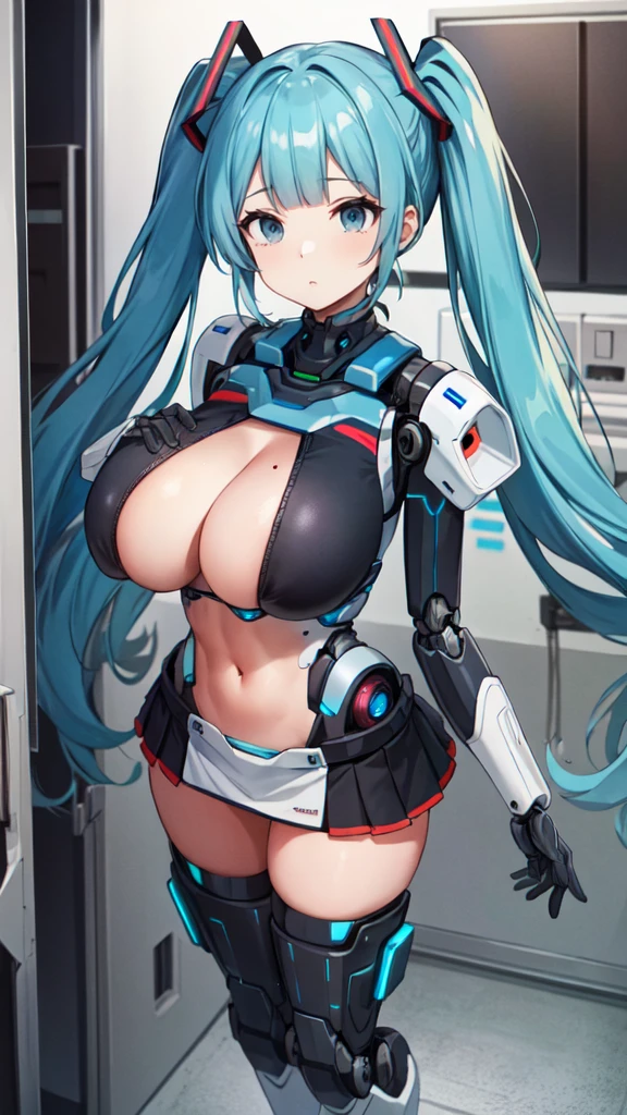 masterpiece, best quality, extremely detailed, 8k portrait, well-toned body,Japaese android Girl, Ultimate physical beauty, huge breasts , announcer,control panels,Robot arms and legs, hatune miku VOCALOID, twin tails, light blue eyes, light blue hair,Mechanical body,Blunt bangs,perfect mechanical abdomen,White robotics parts,perfect robot woman,cyberpank costume,She is powered by electricity,future laboratory,perfect plastic body,perfect mechanical body,black sponge joints,The removable cover is on the groin,The connection port is on the groin,opened chest panel,access panel on the chest,opened breast panel,perfect mechanical breast,machine body,white robot body,ceramic breast,perfect plastic breast,She has been assembled by robotarm,assembly plant,miniskirt,pleated skirt,boots,perfect future costume,perfect mechanical bodycover,separate booth,She has storaged in the booth,costume with aqua accents,
