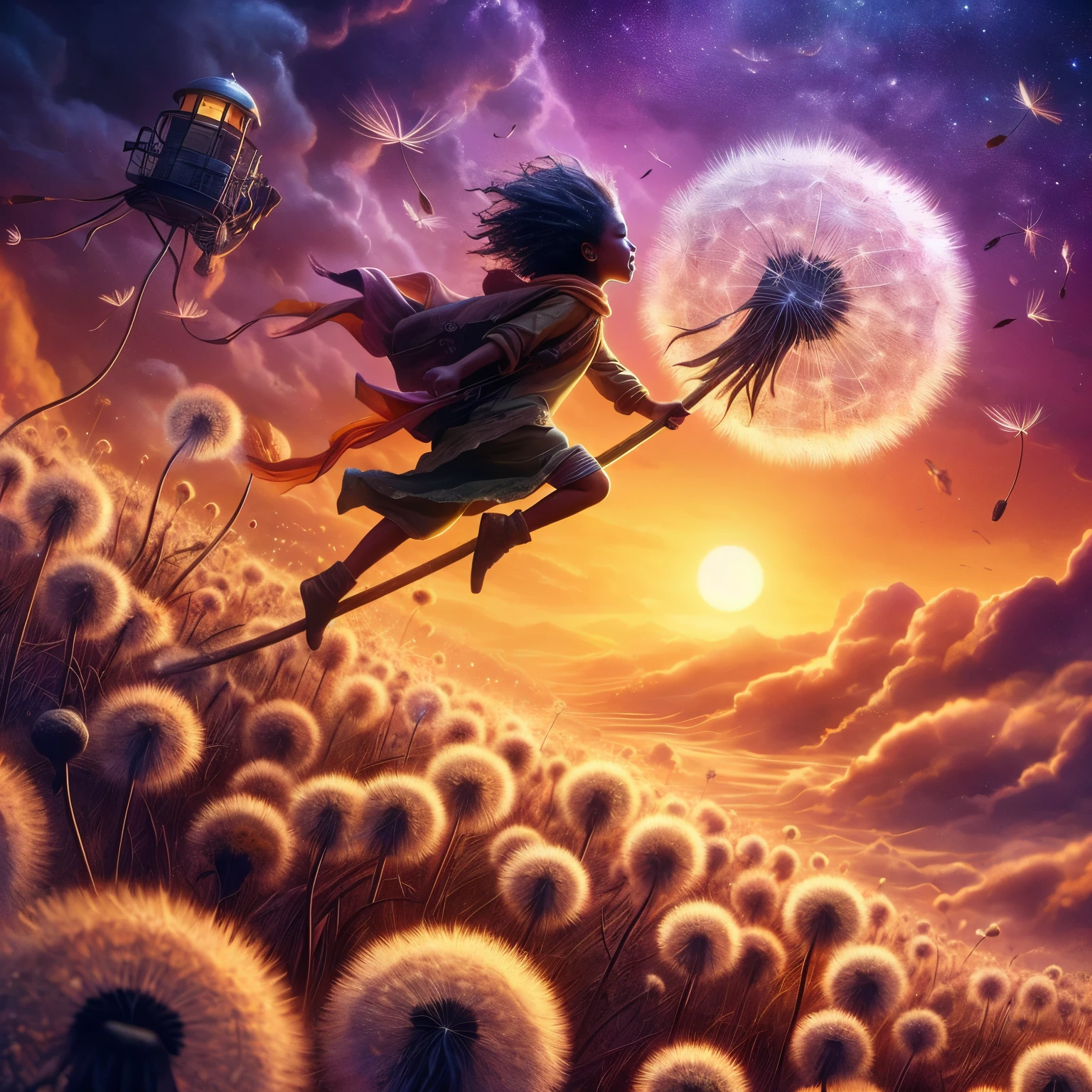 riding on a star encrusted dandelion husk floating over a violet and orange-yellow sky lofted on the winds of a changing world lost in the sands of time, photorealistic, adventurer holding on to dandelion fluff and flying.