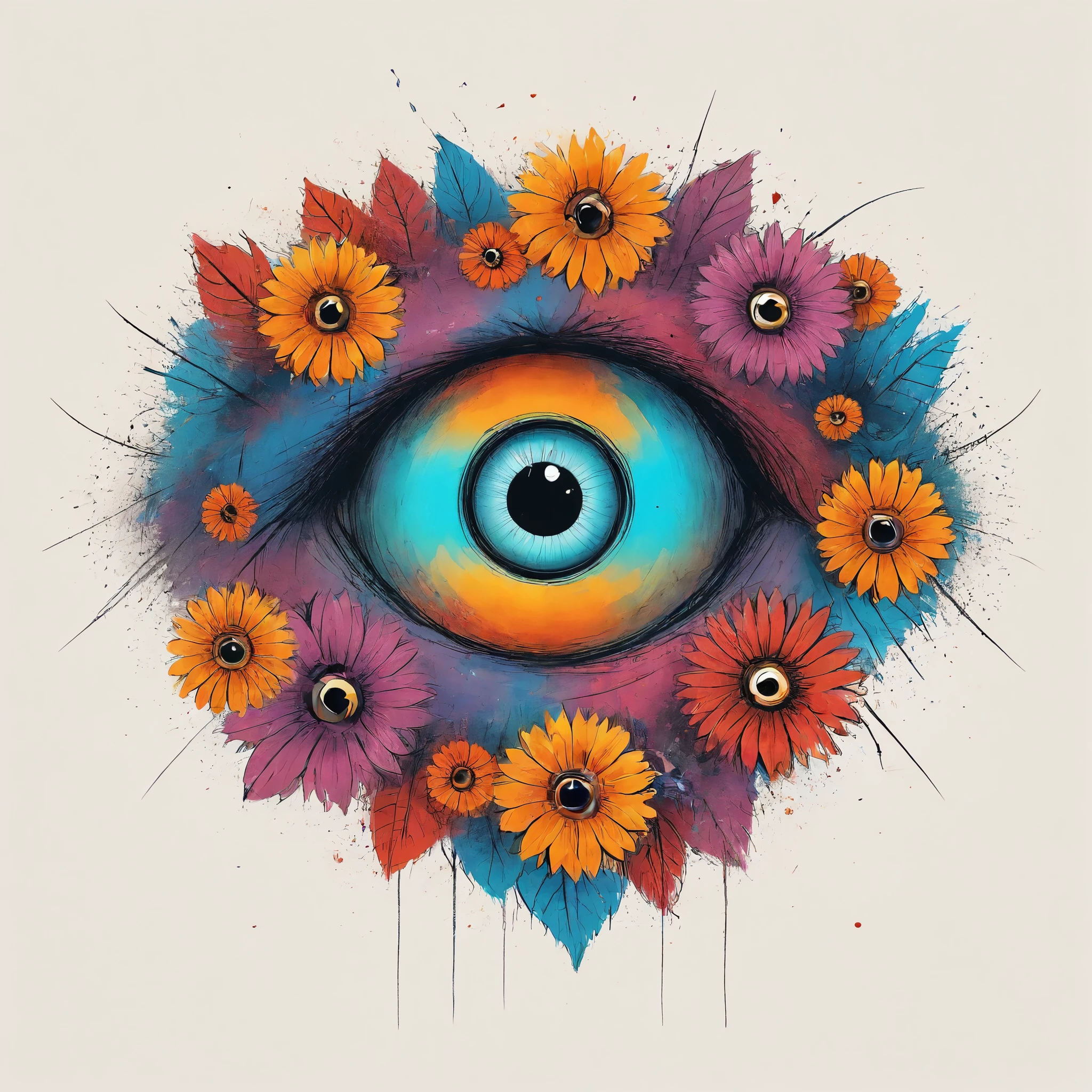 Vector Art, Colorful illustration with lots of eyes and flowers, In the center, Vibrant colors，Dark wind background
