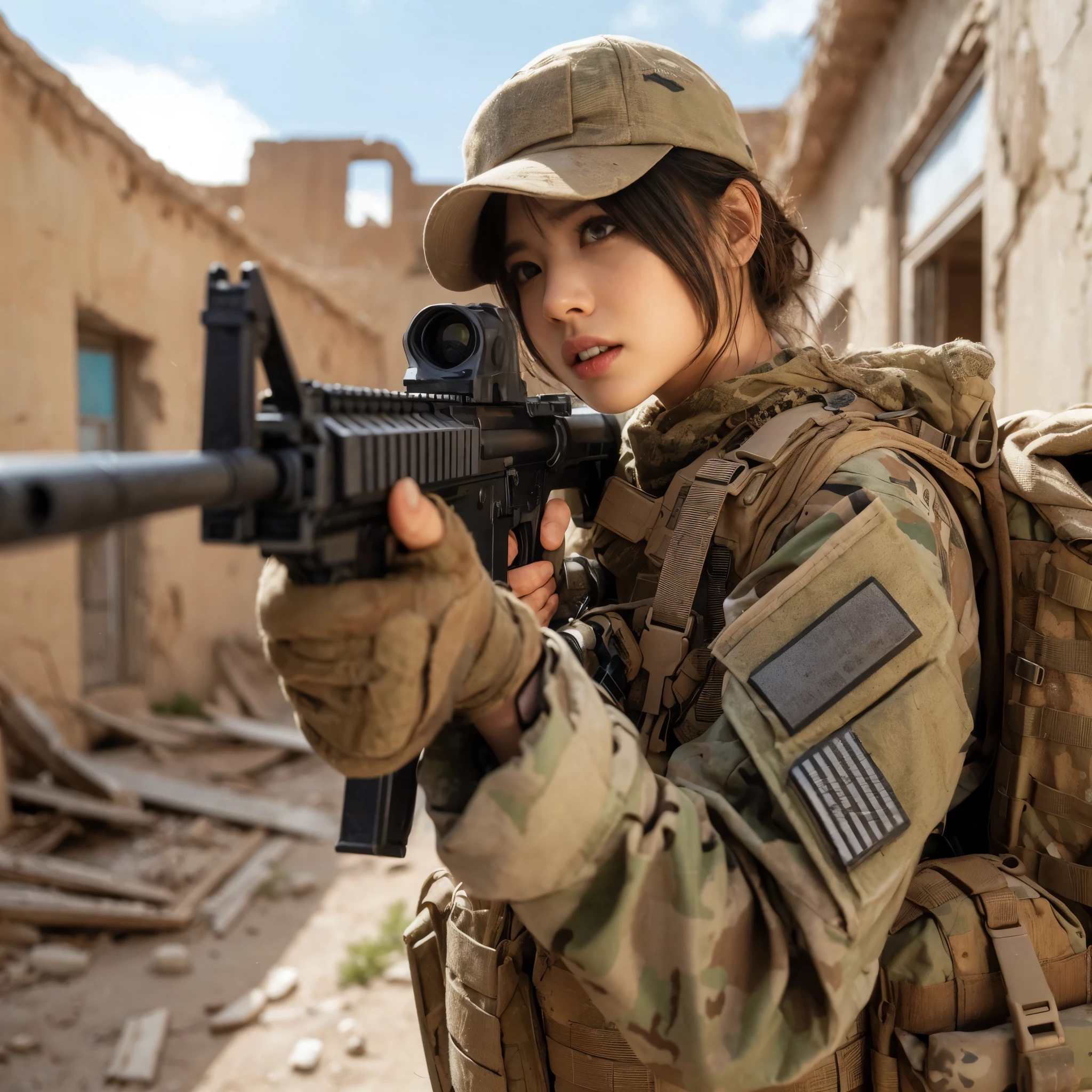 8K, realistic photo, realistic skin texture, Japanese women in the U.S. Army、、Abandoned settlement in the desert、In a room in a small, crumbling, abandoned building、The roof of the building is gone There is only a wall.、Respond to gunfire、Sand is piled up、Intense gunfight、Fighting back with automatic rifles、Bulletproof vest、cap、Afghan Stole、backpack、boots、Vigilance、The background is out of focus、fiction、Dynamic pose、Flying wall fragments、Innovative composition、Gritting your teeth、Desperate Counterattack
