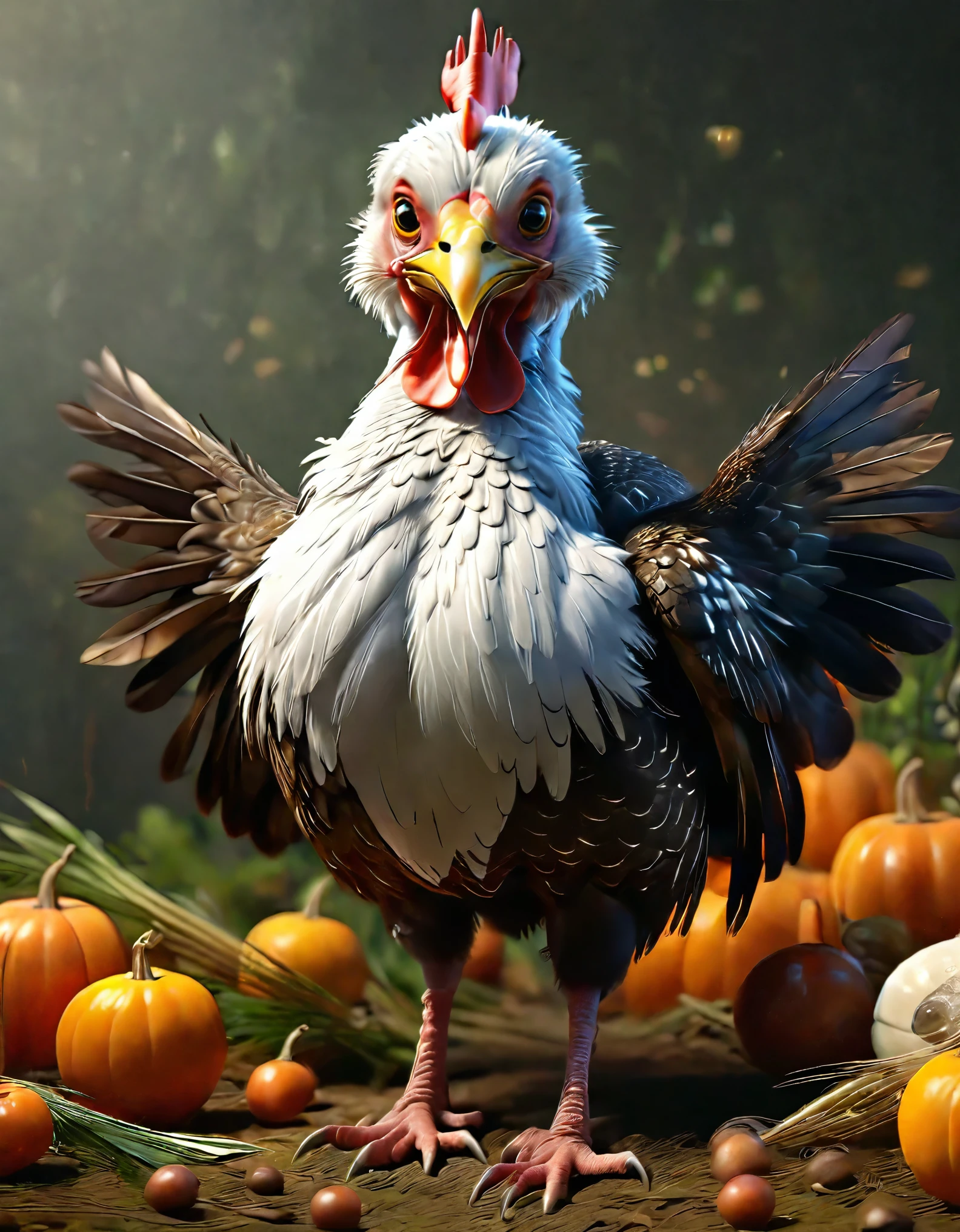 (best quality,4k,8k,highres,masterpiece:1.2),ultra-detailed,(realistic,photorealistic,photo-realistic:1.37),cute turkey with huge tail feathers,pixar style,white background,octane render,adorable and expressive eyes,vibrant and colorful feathers,playful and lively pose,tiny round beak,fluffy and well-defined body,feathers with intricate patterns and textures,feathers with a glossy shine,masterful lighting to highlight the turkey's features,detailed shadows to create depth,smoothing and softening of edges,great attention to detail,highly realistic and lifelike portrayal,fun and whimsical atmosphere,joyful and dynamic composition,happy and inviting facial expression,expressive and animated tail feathers,well-balanced colors and tones,blending of warm and cool hues,rich and vibrant color palette,lively and energetic strokes,professional and polished execution.