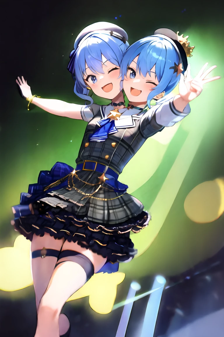 (masterpiece, best quality), best resolution, (2heads:1.5), dynamic angle, 1girl, HoshimachiSuisei, side ponytail, blue hair ribbon, SuiseiBase, plaid beret, crown, blue star choker, star earrings, blue ascot, plaid jacket, plaid skirt, layered skirt, partially fingerless gloves, star bracelet, uneven legwear, thigh strap, standing, waving hands, smile, open mouth, singing, look at viewer, happy, excited, open arms, dancing, jumping, one eye closed, concert stage, starfield, spotlight