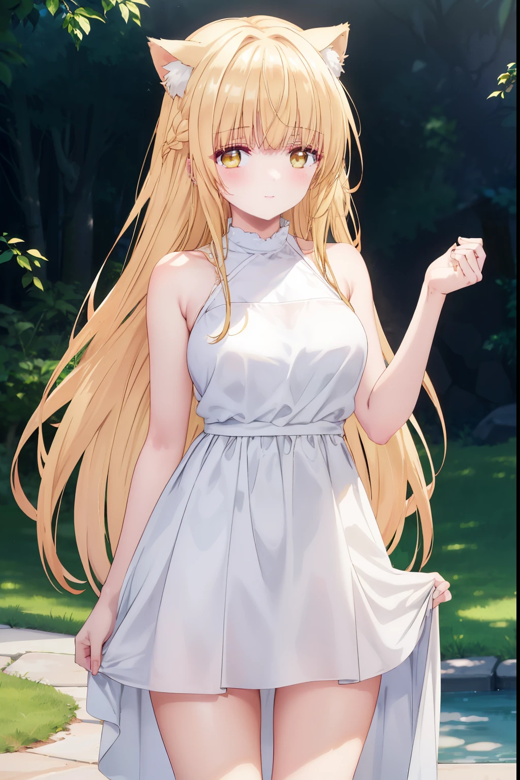 Mahiru shiina, , blonde, (Yellow Eyes:1.3)、Braided long hair,,blush,smile,Captivating thighs、Beautiful bare legs, Sideways armpit、Wearing cat ears、Cat&#39;s Tail、She&#39;s very clingy、Cat ears grow
（masterpiece:1.2), highest quality, High resolution, unity 8k wallpaper, (shape:0.8), (Beautiful and beautiful eyes:1.6), Highly detailed face, Perfect lighting, Extremely detailed CG, (Perfect hands, Perfect Anatomy),