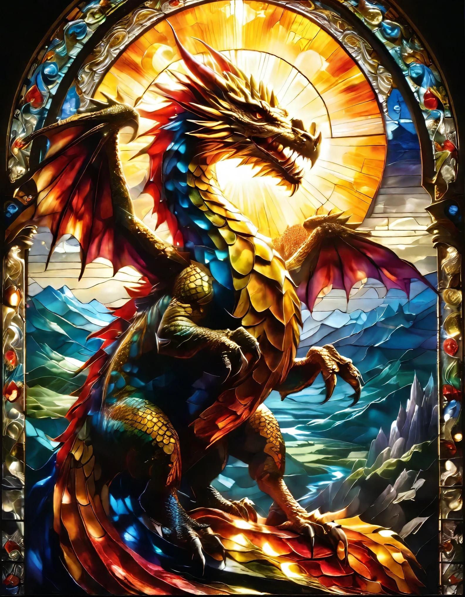 stained glass window, sunlit, vibrant colors, detailed dragon, rock, intricate design, exquisite craftsmanship, light streaming through, translucent, mystical atmosphere, captivating beauty, masterpiece:1.2, highres, photorealistic:1.37, stained glass art, sunbeams, radiant colors, harmonious composition, majestic dragon, luminous highlights, sparkling crystals, intricate patterns, mesmerizing details, sunlight illuminating, mythical creature