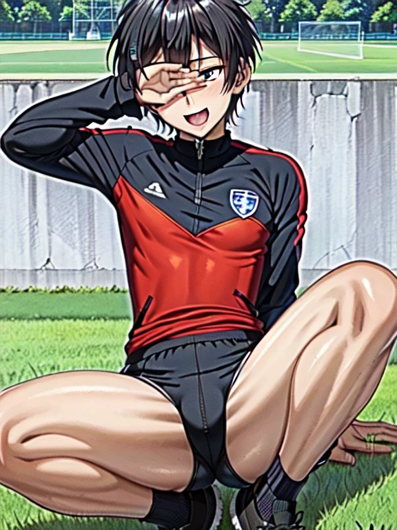 (((Official Art,Ultra-thin illustration,High resolution, Mastepiece, Best Quality,Best Quality,)))high quality, detailed, (),12 year old,(((solo)))、(((Covering eyes Pose))) ,A young, ace striker male idol with a super cute face,A boy as beautiful as Planding, Smiling cool handsome face, soccer spike, Beautiful long legs, Thighs, Foots, No bulge, (Black Hair、Short Hair)、Shiny Hair, (Tight shiny random color soccer uniform suit), (Tight and shiny soccer shorts), (Soccer socks), Grassland, Cool pose, (厚いThighs、Seducing a big ass into your crotch)、(((Soccer field in the park)))、((Saucy、))、Grinning、Spread legs,Ultra-fine painting, (Best Quality, 4K, 8K, High resolution, Mastepiece:1.2),Service shot、((detailedな目:1.2))、Showing off her big ass、Proud ass、