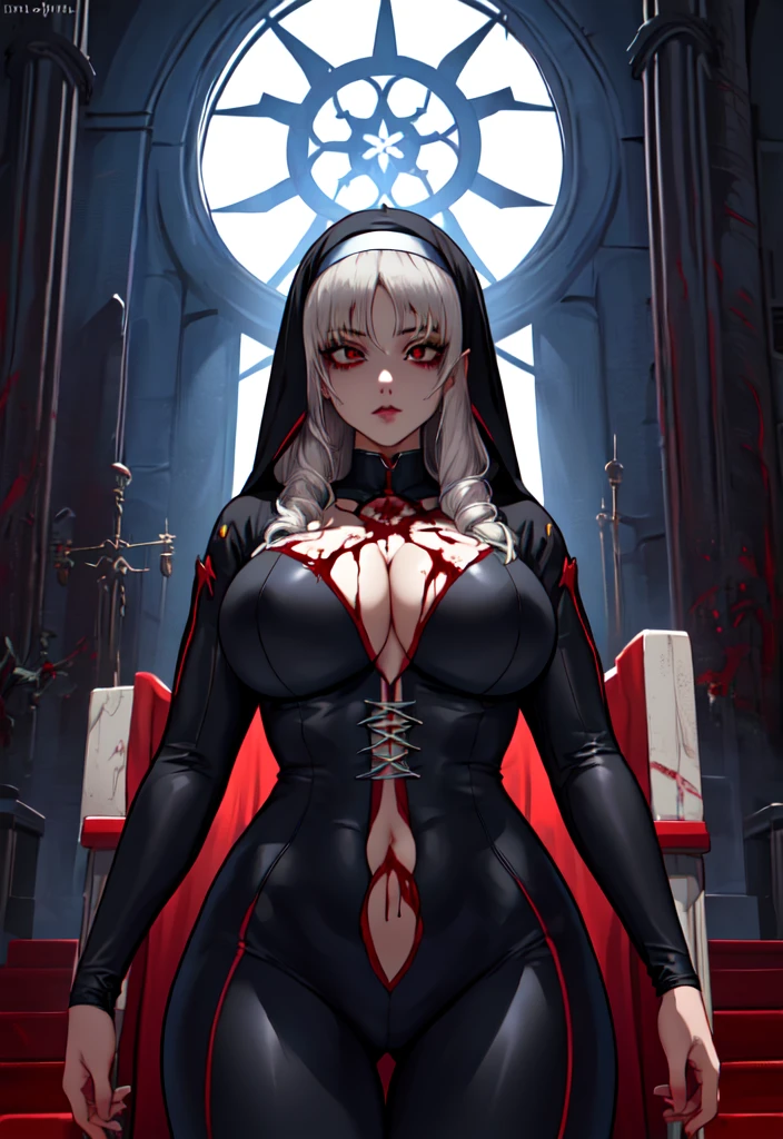 anime nun girl in a black bodysuit outfit in a gothic cathedra, nun outfit, nun, wearing shiny breastplate, cyberpunk, divine ray over her head, holy armor,  holy cyborg necromancer girl, vampire nun, behind her a gothic cathedral, thicc, blood rayne, vampir hunter d, sliver hair, blood, creepy,