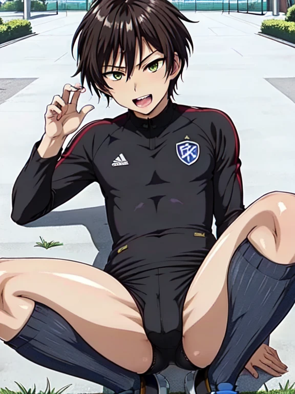 (((Official Art,Ultra-thin illustration,High resolution, Pieces fly, 最high quality,最high quality,)))high quality, detailed, (Little men),12 years old,(((alone)))、 A very cute young ace striker male idol,A boy as beautiful as Planding, Smiling cool handsome face, soccer spike, Long legs, Thighs, Footz, No bulge, (Black Hair、short hair)、Shiny Hair, (Tight and shiny bodysuit),(Soccer socks), Grass area, Cool pose, (厚いThighs、Big ass tempting you)、(((Soccer field in the park)))、((Saucy、))、Grin、Spread your legs,Ultra-fine painting, (最high quality, In 4K, 8k, High resolution, Pieces fly:1.2),Service shot、((detailedな目:1.2))、Show off your big butt、Proud ass、