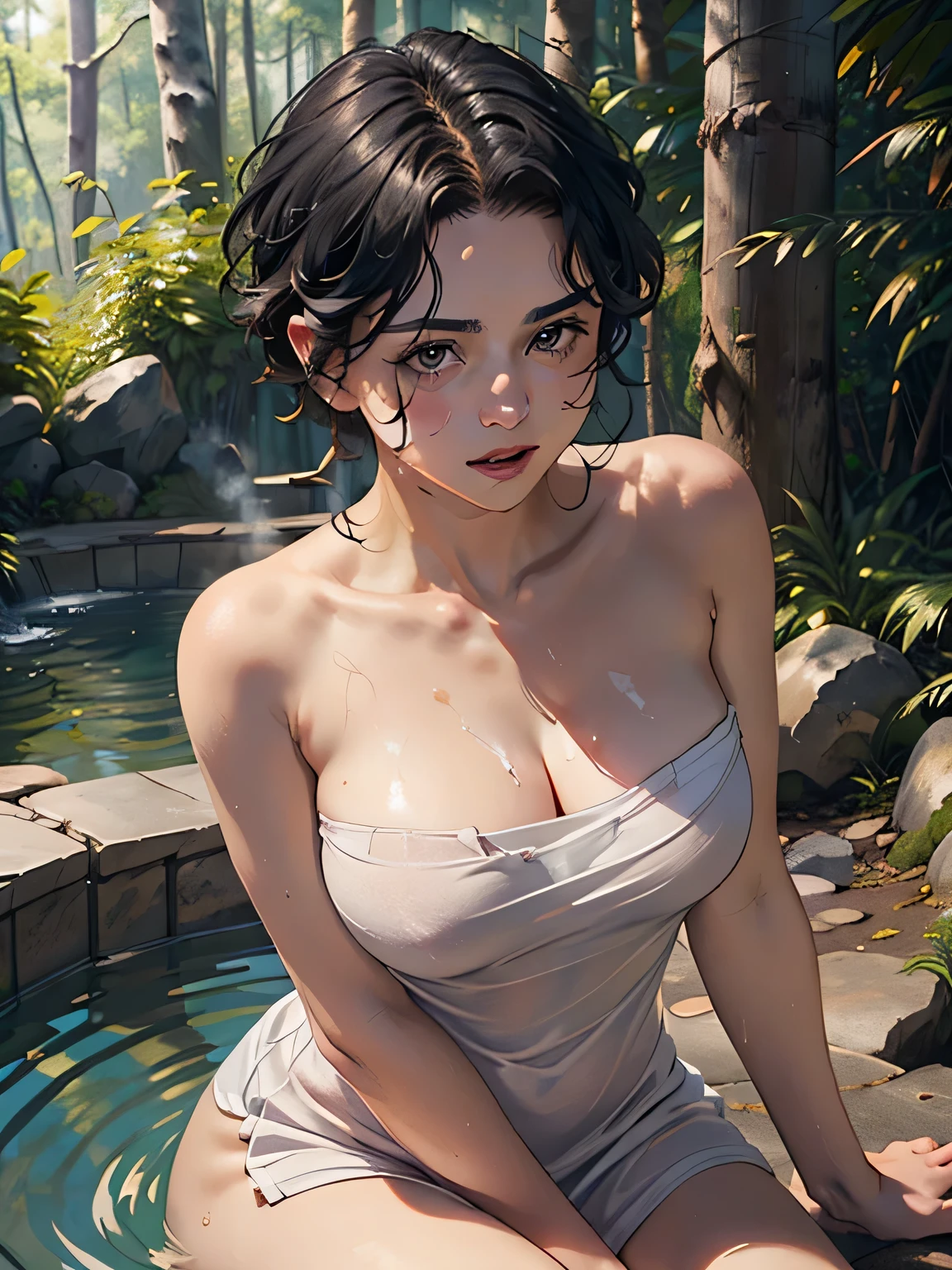 (masterpiece:1.3), (8k, Realistic, RAW Photos, highest quality: 1.4), Absurd, Charm, Ultra-high resolution, Ultra-realistic, Very detailed, Golden Ratio, (Realistic), (Best Shadow), Low contrast, (Complex:1.4), Side lighting, 8K, Beautiful Face, (Realistic Face), Beautiful hairstyle, Realistic eyes, Beautiful fine details, (Realistic Skin), Beautiful Skin, (One girl), ((Sasha Calle)), (Accurate hand and finger depiction), (Black Hair, Handsome Short:1.3), glamorous, (Smile), (Flushed), ((Sitting in a hot spring)), ((Completely naked, Wrapped in a bath towel:1.1)), ((I can't see my body in steam:1.1)), (cowboy shot), ((Deep in the forest:1.2)), ((steam:1.4))