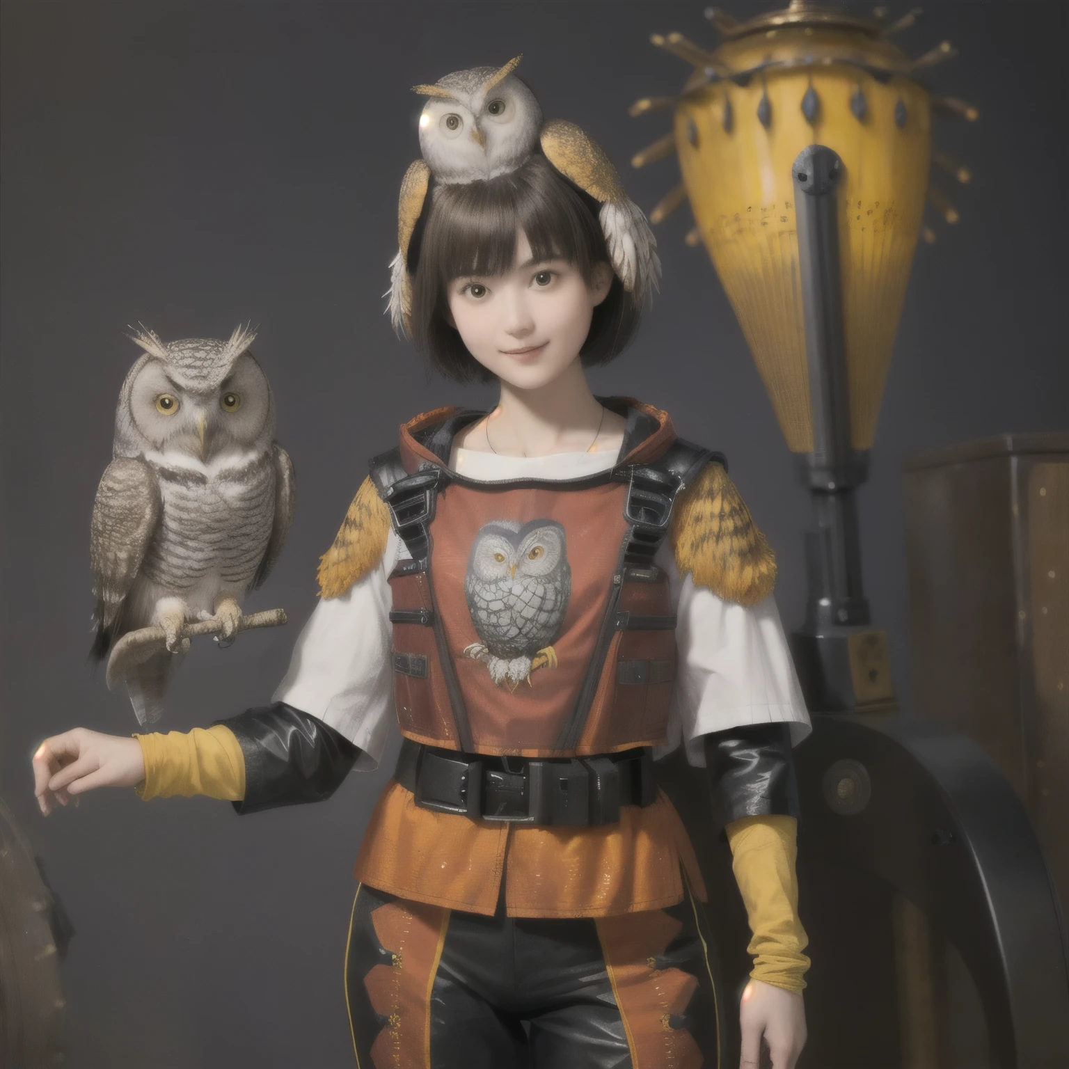 224 Short Hair, 20-year-old woman, A kind smile, (There are also colorful owls), (Rembrandt-style painting), ((machinery suit,Clothes with short sleeves)),I can see your abs