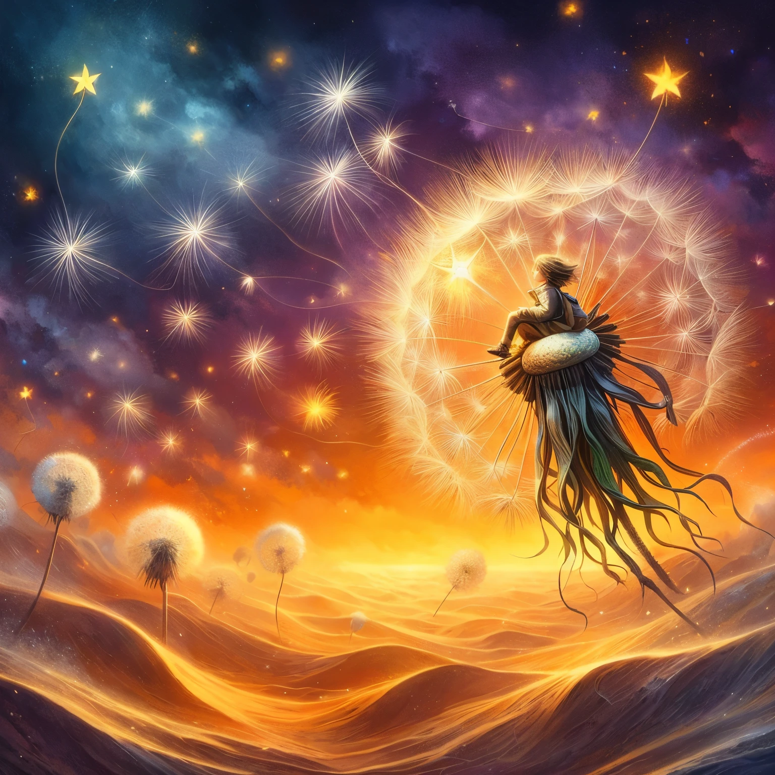 riding on a star encrusted dandelion husk floating over a violet and orange-yellow sky lofted on the winds of a changing world lost in the sands of time, photorealistic, adventurer holding on to dandelion fluff and flying.