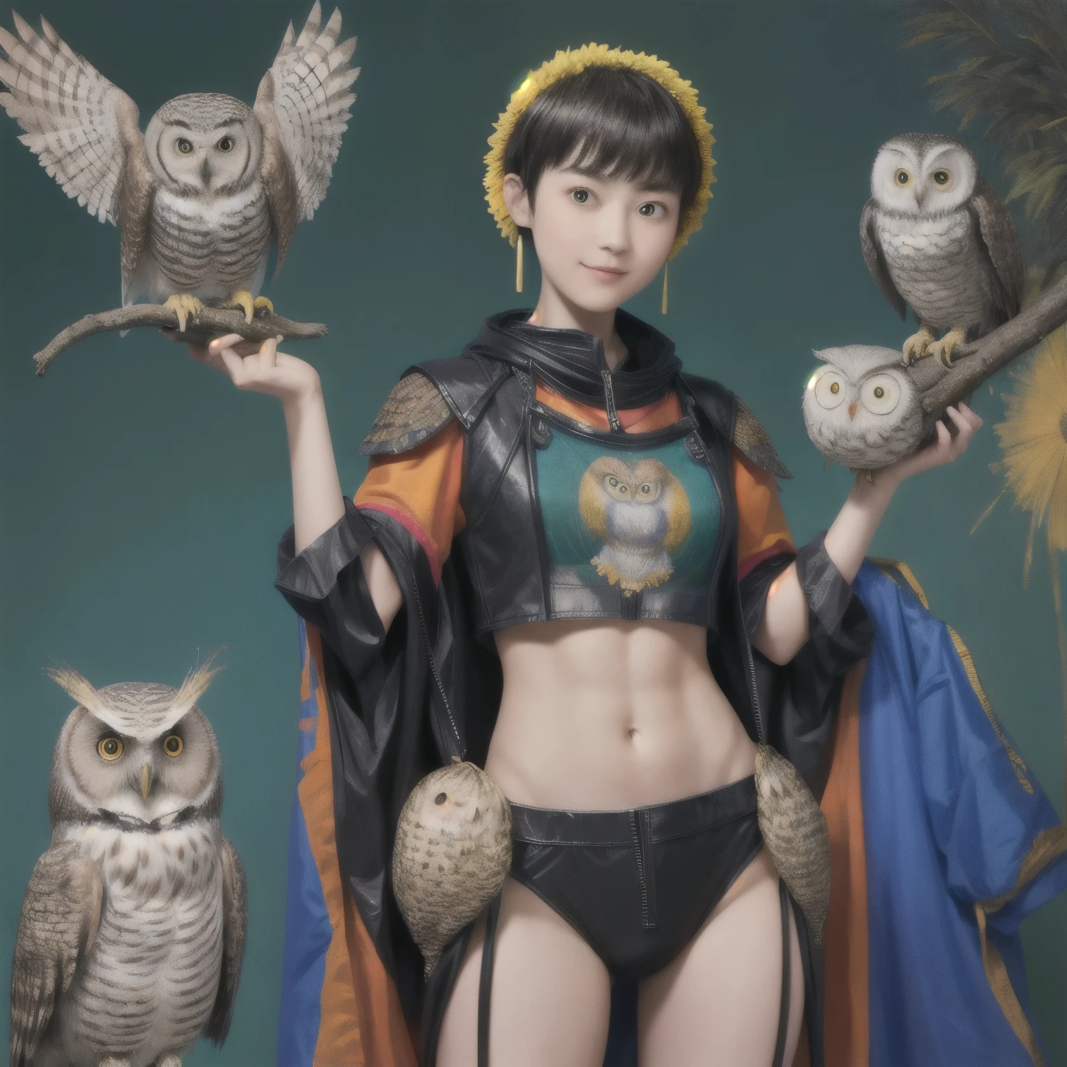 224 Short Hair, 20-year-old woman, A kind smile, (There are also colorful owls), (Rembrandt-style painting), ((machinery suit,Clothes with short sleeves)),I can see your abs