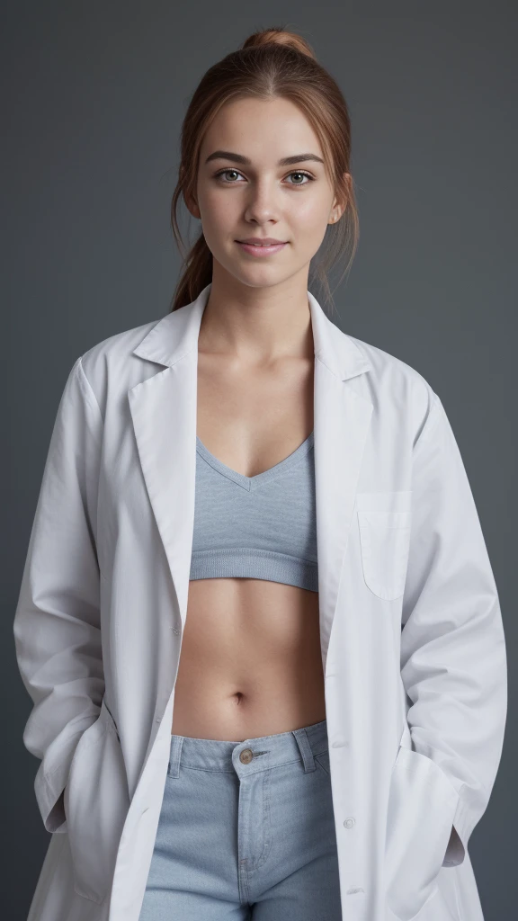 Midbody photo of young caucasian scientist, with redhair and almond-shaped hazel eyes, tall and fit with big hips, wearing a blue cotton labcoat, perfect hands, perfect body, perfect hair, ponytail hair, UHD, retina, masterpiece, accurate, anatomically correct, textured skin, super detail, high details, high quality, award winning, best quality, highres, 16k, 8k,