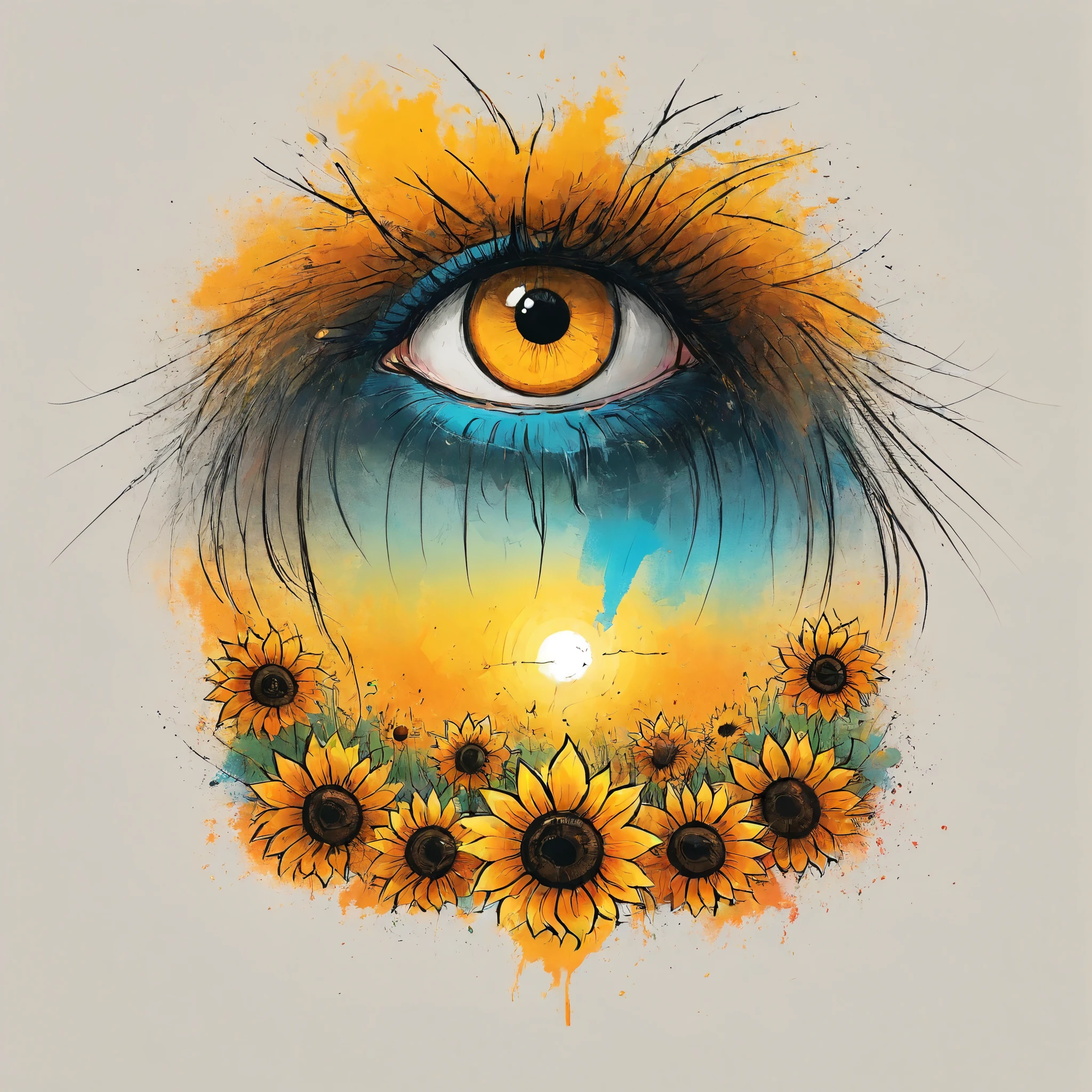 Vector Art, Colorful illustration with dense eyes and sunflowers, Vibrant colors，Dark wind background
