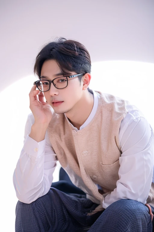 1boy, handsome male, face, beard, white background, wearing glasses, amm mc outfit, acmm tp outfit, acmm cp outfit, wearing acmm top, very attractive, blurry_background, (high detailed skin:0.8), 8k uhd, dslr, soft lighting, HDR, warm light, high quality, film grain, Fujifilm XT3,
