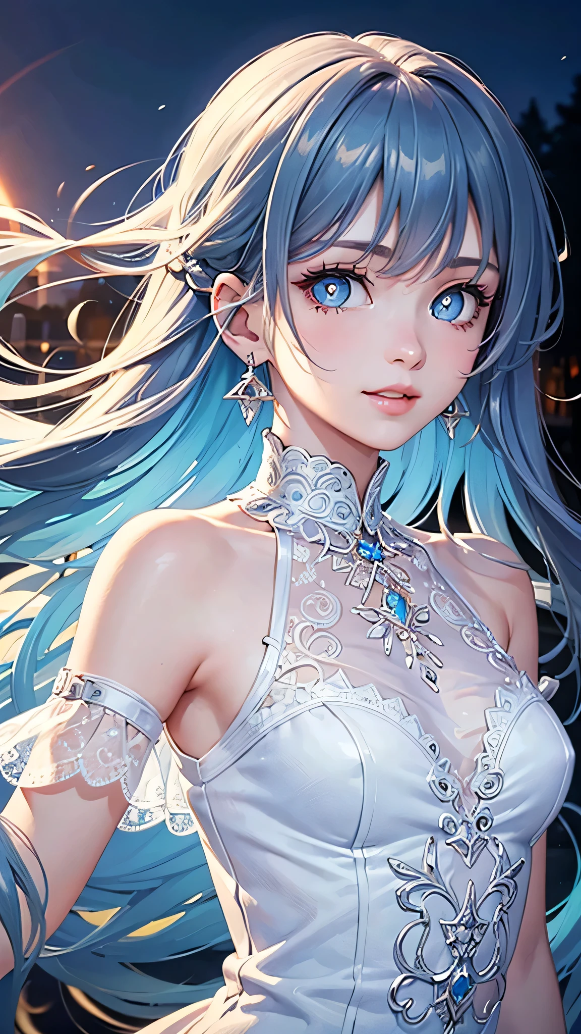  (masterpiece:1.5), ((ultra quality)), ((super fine illustration)), ((stunning cg)), (depth of field), 1girl, solo, ((portrait:1.2)), ((extreme beautiful girl:1.4)), ((16years old cute girl)), ((gradation colored hair silver hair:1.8 pale blue hair:0.2)), (extreme long hair), ((floating hair:1.2)), blue eyes, (intricate detailed pupils in eyes), (fine detailed iris in eyes), (fine eyelash), small bast, looking at viewer, bangs, french braid, parted mouth, (standing), parted lips, smile, ((white sun-dress)), ((lace-trimmed dress)), ((bare shoulder)), ((see-through:1.4)), earrings, ((outdoor)), ((daylight:1.2)), ((lakeside:1.2)),