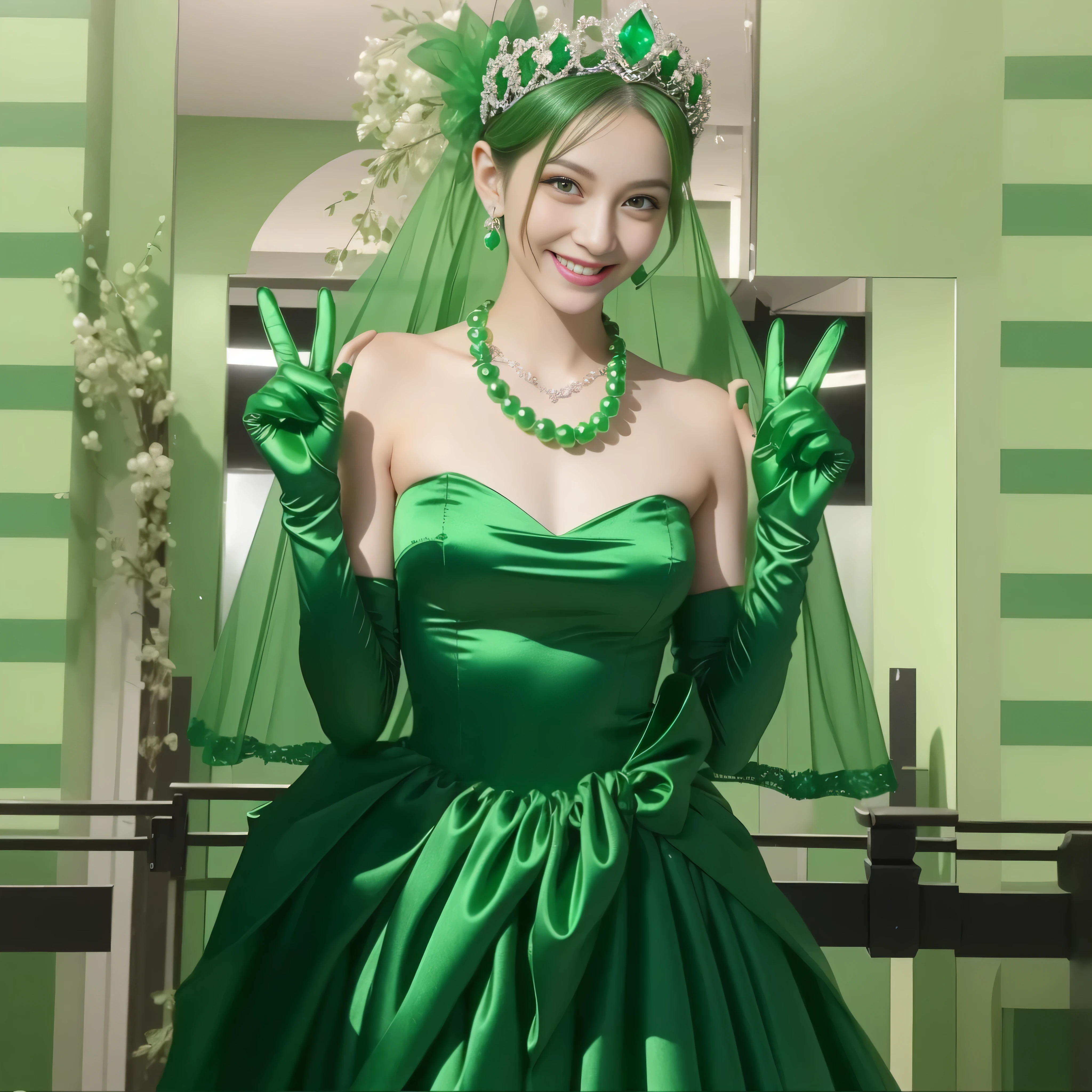 Emerald tiara, Green Pearl Necklace, Boyish very short green hair, lipstick, Smiling Japanese woman, Very short hair, Big and beautiful, Green Eyes, Long green satin gloves, Green Eyes, v sign, Emerald Earrings, Green veil,v sign