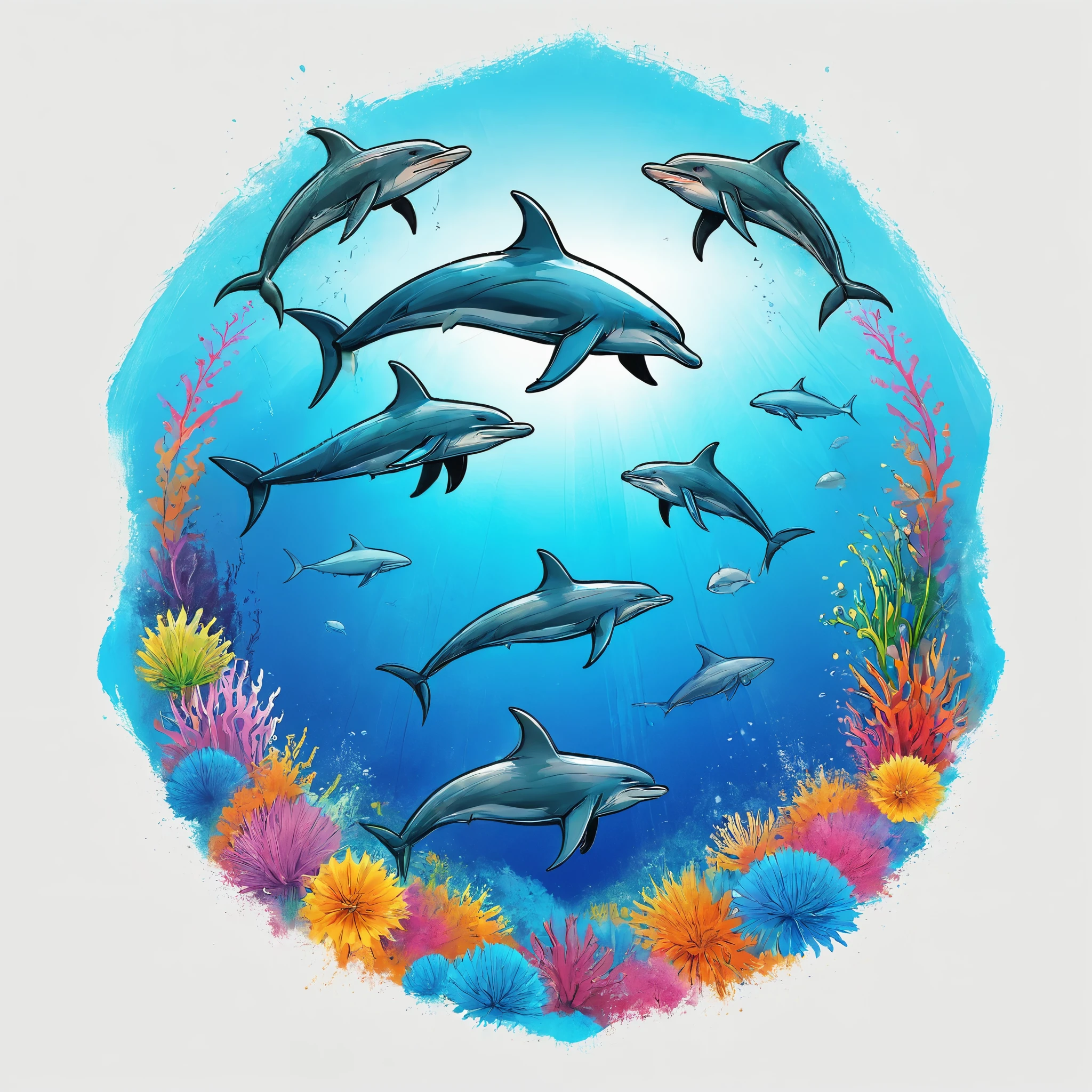 Vector Art, Color illustration with dolphins and sharks, In the center, Vibrant colors，Underwater swimming background
