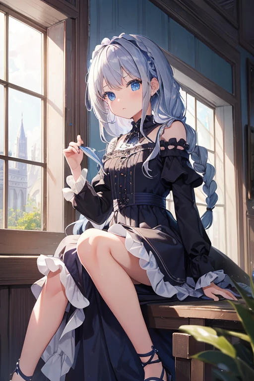 masterpiece, highest quality, High resolution, 、blue eyes、
Silver Hair, Braiding、Jet black ruffled dress, Shoulder puff sleeves、flare skirt、Long skirt、Western-style building、Sit by the window