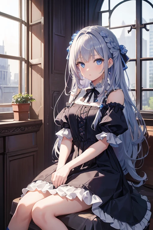 masterpiece, highest quality, High resolution, ***************、blue eyes、
Silver Hair,  Braiding、Jet black ruffled dress, Shoulder puff sleeves、flare skirt、Long skirt、Western-style building、Sit by the window