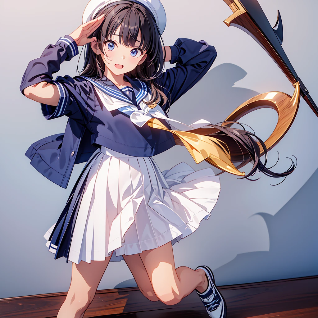 detailed eyes and face、(Mastepiece、highest quality)、(Perfect athletic body:1.2)、(Detailed hair)、Super detailed、Anime Style、whole body、solo、Sailor Girl、Giant anchor、Shaped teeth、Black Hair、Blonde、Wearing sneakers、Stand on board、8K High Resolution、White background、whole body、highest quality、Masterpiece、Official Art、The best composition、Wind、deep focus,absurdres、detailed eyes and face、minaba hideo、 Grim Reaper's Scythe、White and blue sailor uniform、Sailor hat、anchor、⚓⚓、salute、