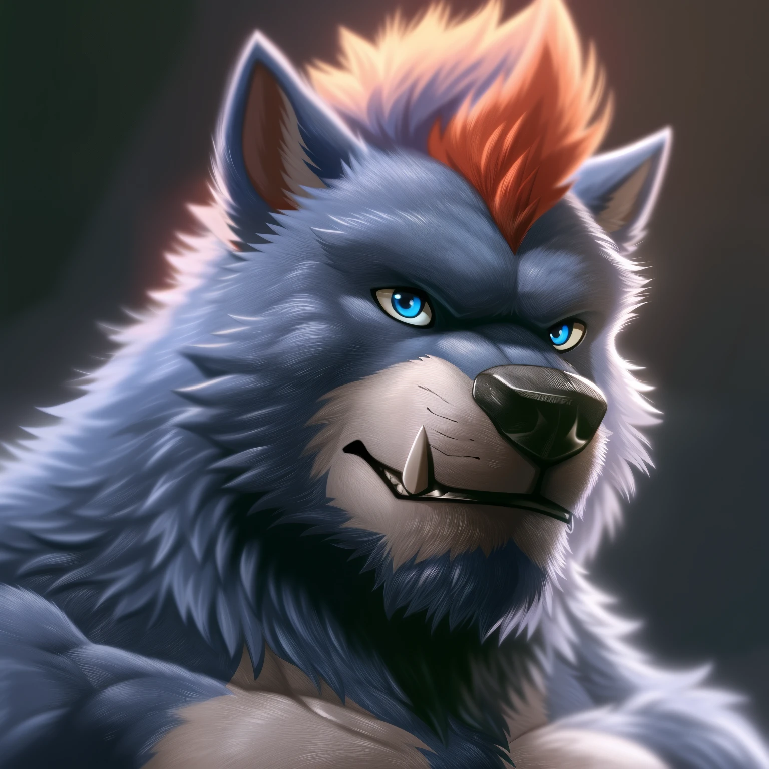 (Flasheart Lupin 100% wolf:1.0), Author: Takemoto Arashi, (1 boy), Flesheart Lupin, One, solo, Werewolf, male, massive body, muscular body, dark blue fur,  Red fur tips, Men's Second, (Torso), hot body, muscle, Beautiful, sexual, Attractive guy, (Detailed blue eyes), Browster, a high resolution, Best quality), 4k, nipples, male, portrait, gay, Werewolf, 