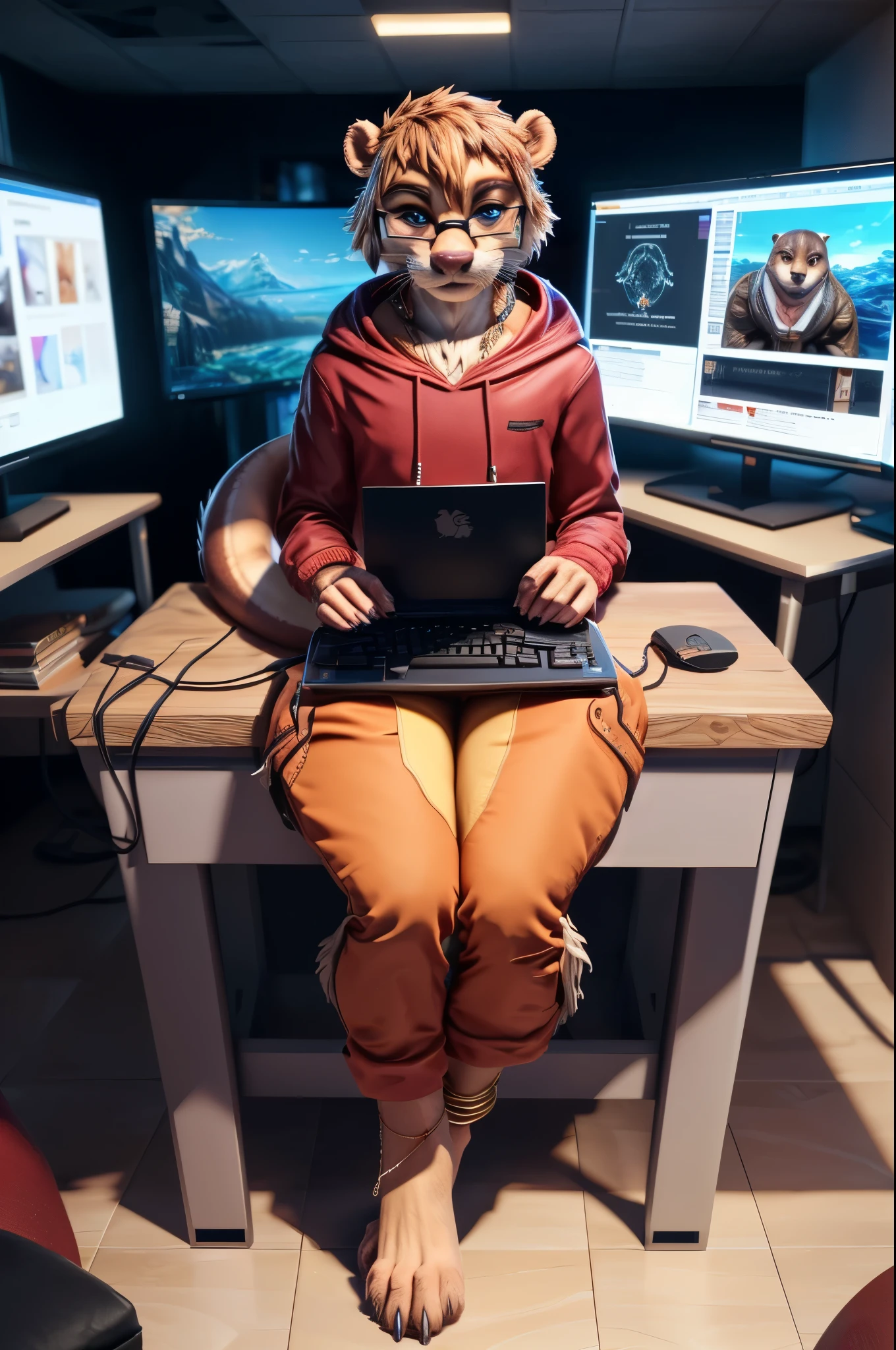 (((Barefoot furry character, full body, cinematic setting, furry male, plantigrade, wearing anklets))), computer lab scene with a tech-savvy otter teacher wearing a hoodie and glasses, sitting at a computer desk surrounded by monitors and circuit boards, long brown pants, nice feet paws, BREAK, detailed background, 8K, (masterpiece:1.5), intricate details, highly detailed, extreme detail, octane render, fine art, best quality, highres, (detailed face:1.5), ((full_body)), UHD, (((perfect hands))), low light