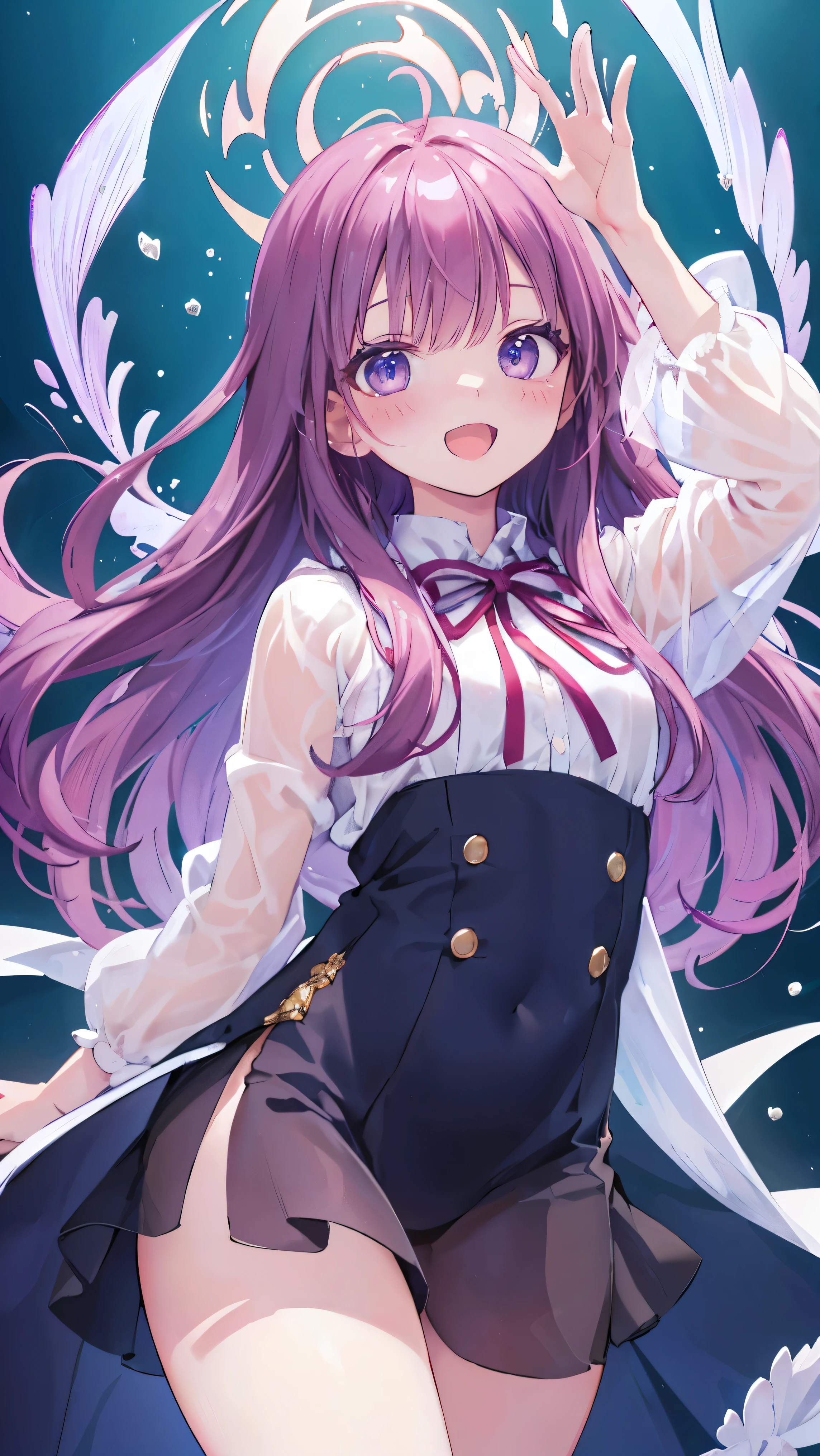 Masterpiece、Highest quality、highest quality、((((Transparency))))、(Open Mouth Smile)、Shiny hair quality、Small face、Dynamic pose、Super detailed, beautiful, wide eyes、Ultra-detailed, clear and beautiful faces、(cute illustration:1.2), High-resolution, ultra-detailed, best quality, embarrassed、Thighs