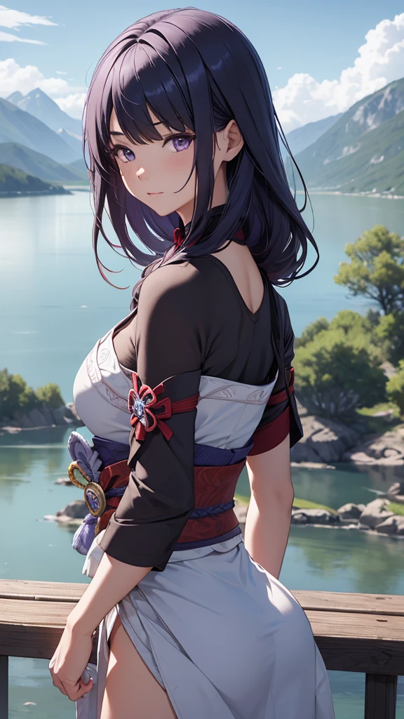 1girl,Raiden Shogun,walking besides a beautiful lake,tall mountains on Background,clear sky with white clouds,pleasant breeze,(best quality,4k,8k,highres,masterpiece:1.2),ultra-detailed,(),HDR,UHD,studio lighting,ultra-fine painting,sharp focus,physically-based rendering,extreme detail description,professional,vivid colors,bokeh,portraits,landscape