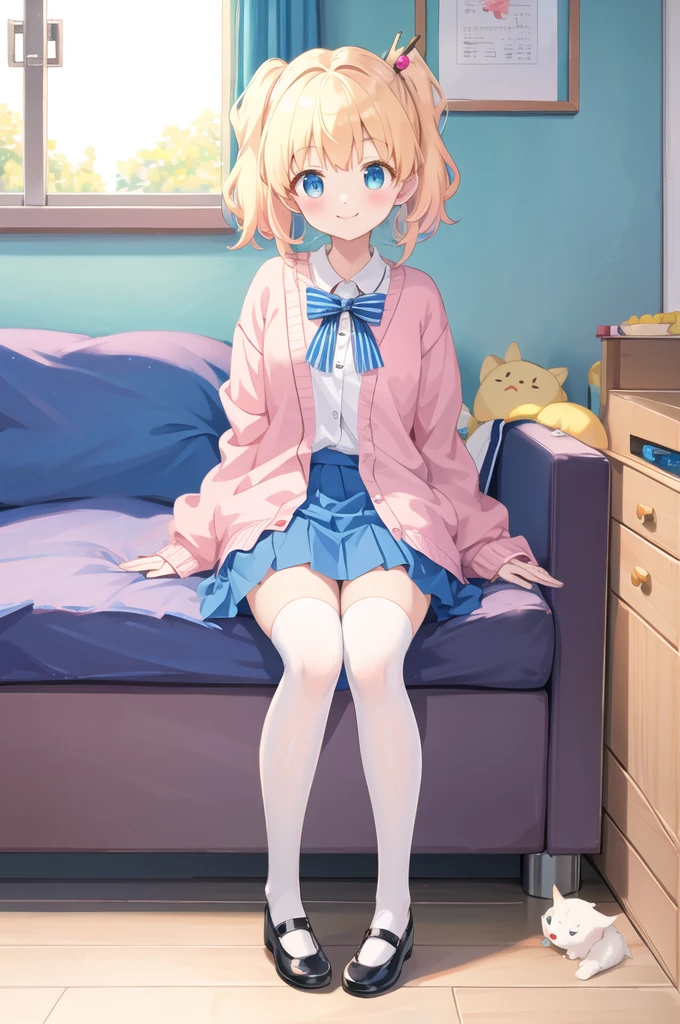 alice cartelet, white thighhighs, cardigan, open cardigan, striped bow, hair ornament, blue pleated skirt, white collared shirt, indoors, window, mary janes, full body, smile, looking at viewer,