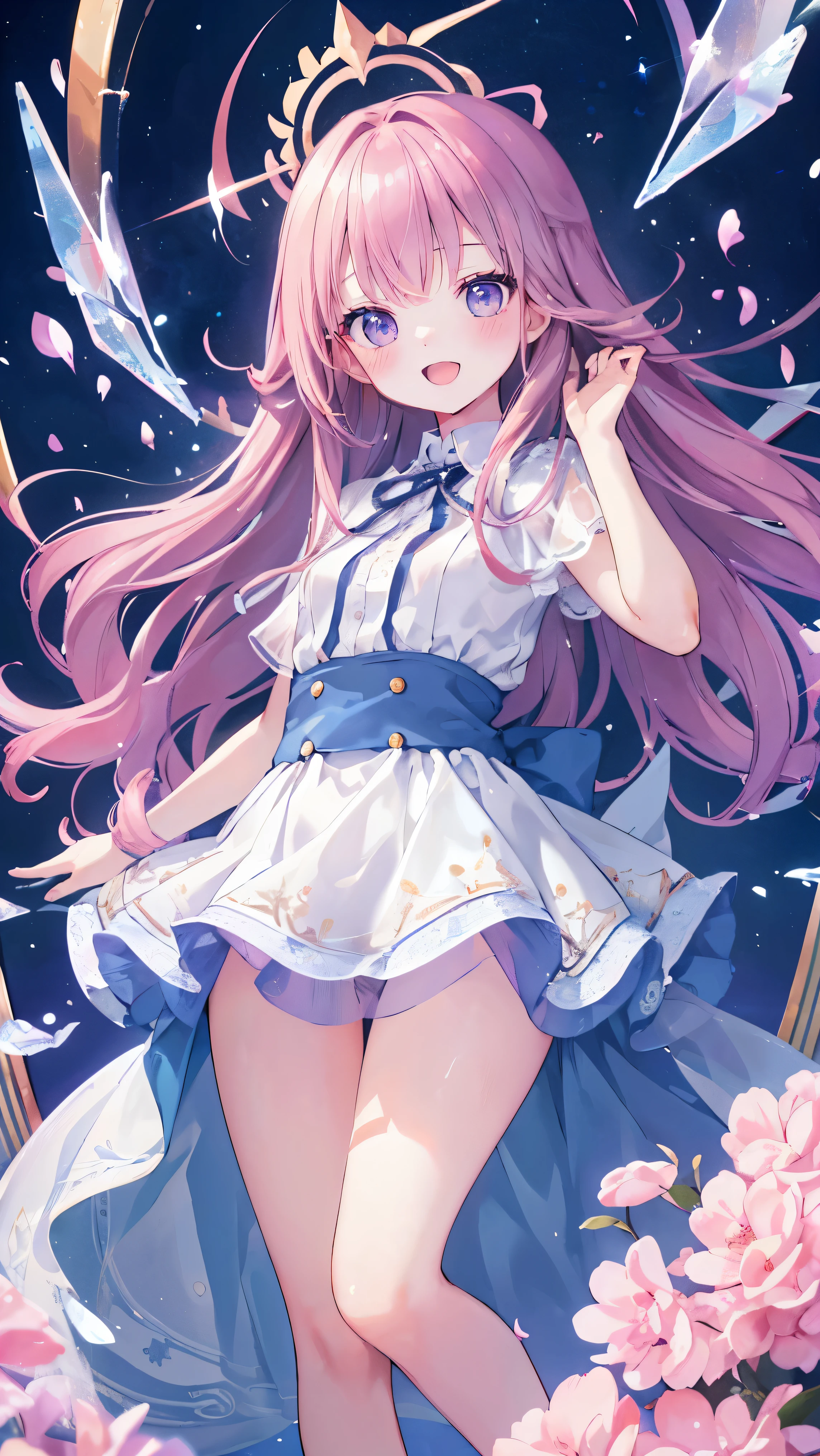 Masterpiece、Highest quality、highest quality、((((Transparency))))、(Open Mouth Smile)、Shiny hair quality、Small face、Dynamic pose、Super detailed, beautiful, wide eyes、Ultra-detailed, clear and beautiful faces、(cute illustration:1.2), High-resolution, ultra-detailed, best quality, embarrassed、Thighs