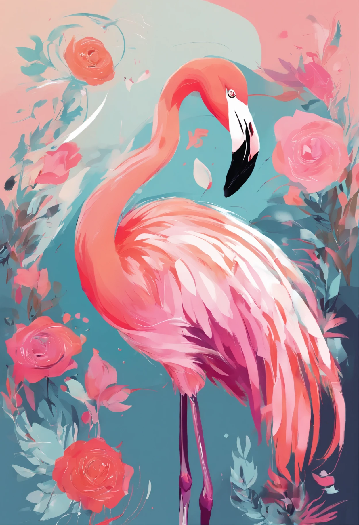 Draw an abstract painting of a flamingo.,Light colored roses、Aesthetic composition,simple style, Soft and warm brushstrokes、The main colors of the work are soft pastels.、When looking at this picture, you、interplay of color and texture、