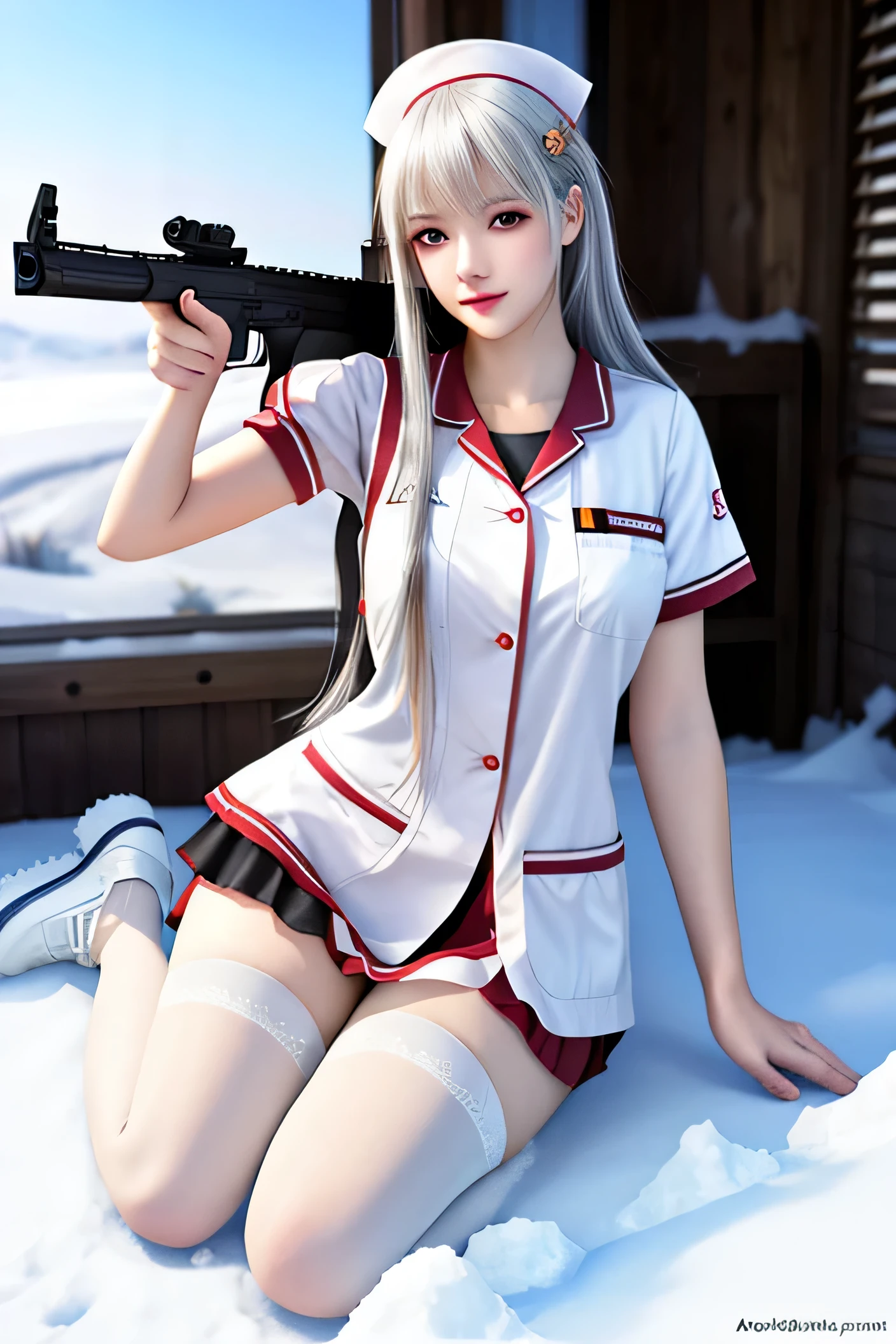 Photorealistic, high resolution, 1womanl, Solo, full body, big , big Thigh,Hips up, view the viewer, (Detailed face), White hair, Long hair, Nurse outfit, Stockings,Snow background, Girl aiming AK-47 assault rifle,Gentle