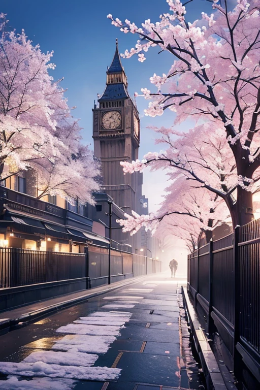 London,Streetscape,cherry blossoms,snow,Fantastic,Nobody is here,fog