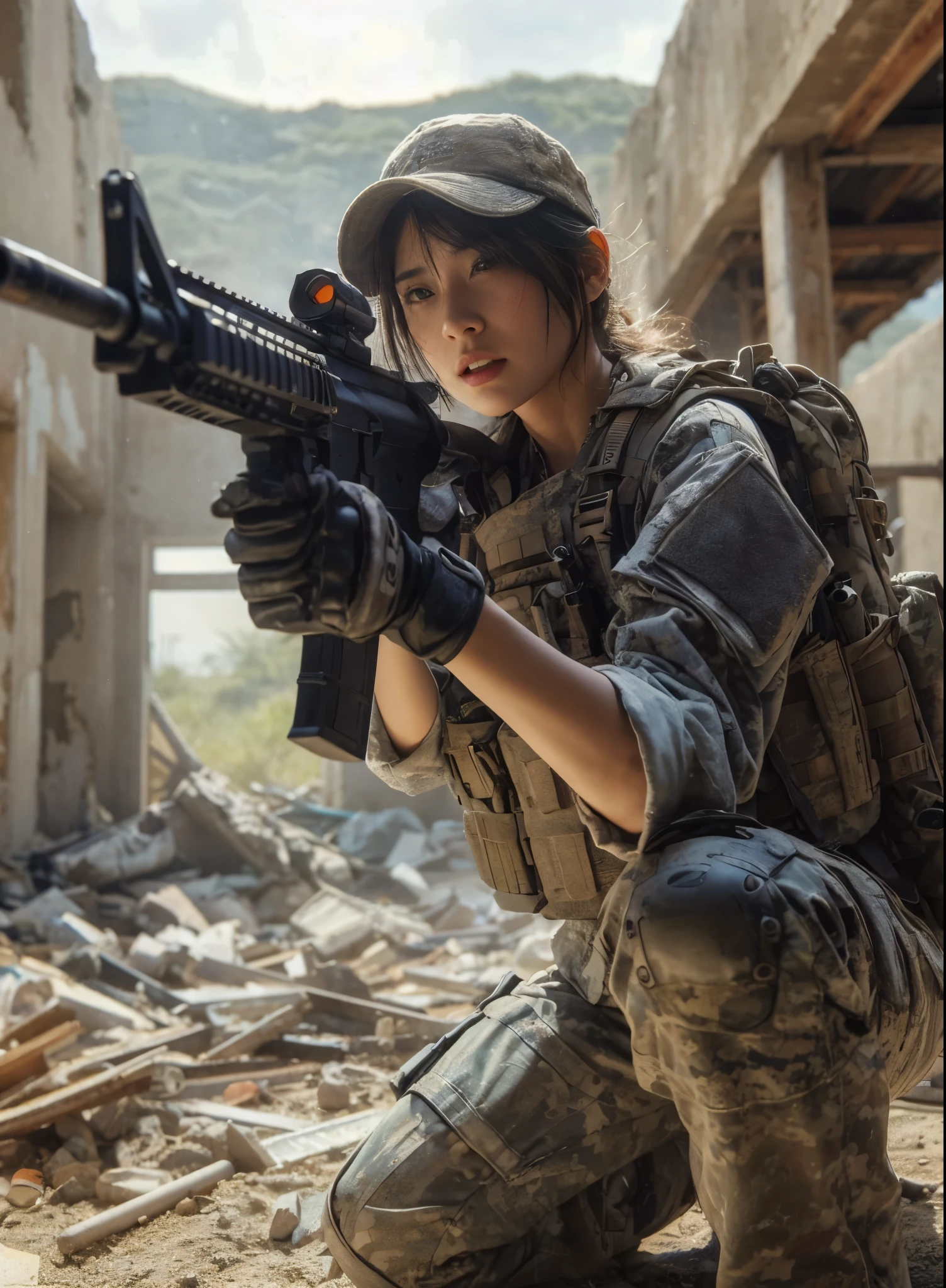 8K, realistic photo, realistic skin texture, Japanese women in the U.S. Army、、Abandoned settlement in the desert、In a room in a small, crumbling, abandoned building、The roof of the building is gone　There is only a wall.、Respond to gunfire、Sand is piled up、Intense gunfight、Fighting back with automatic rifles、Bulletproof vest、cap、Afghan Stole、backpack、boots、Vigilance、The background is out of focus、fiction、Dynamic pose、Flying wall fragments、Innovative composition、Gritting your teeth、Desperate Counterattack