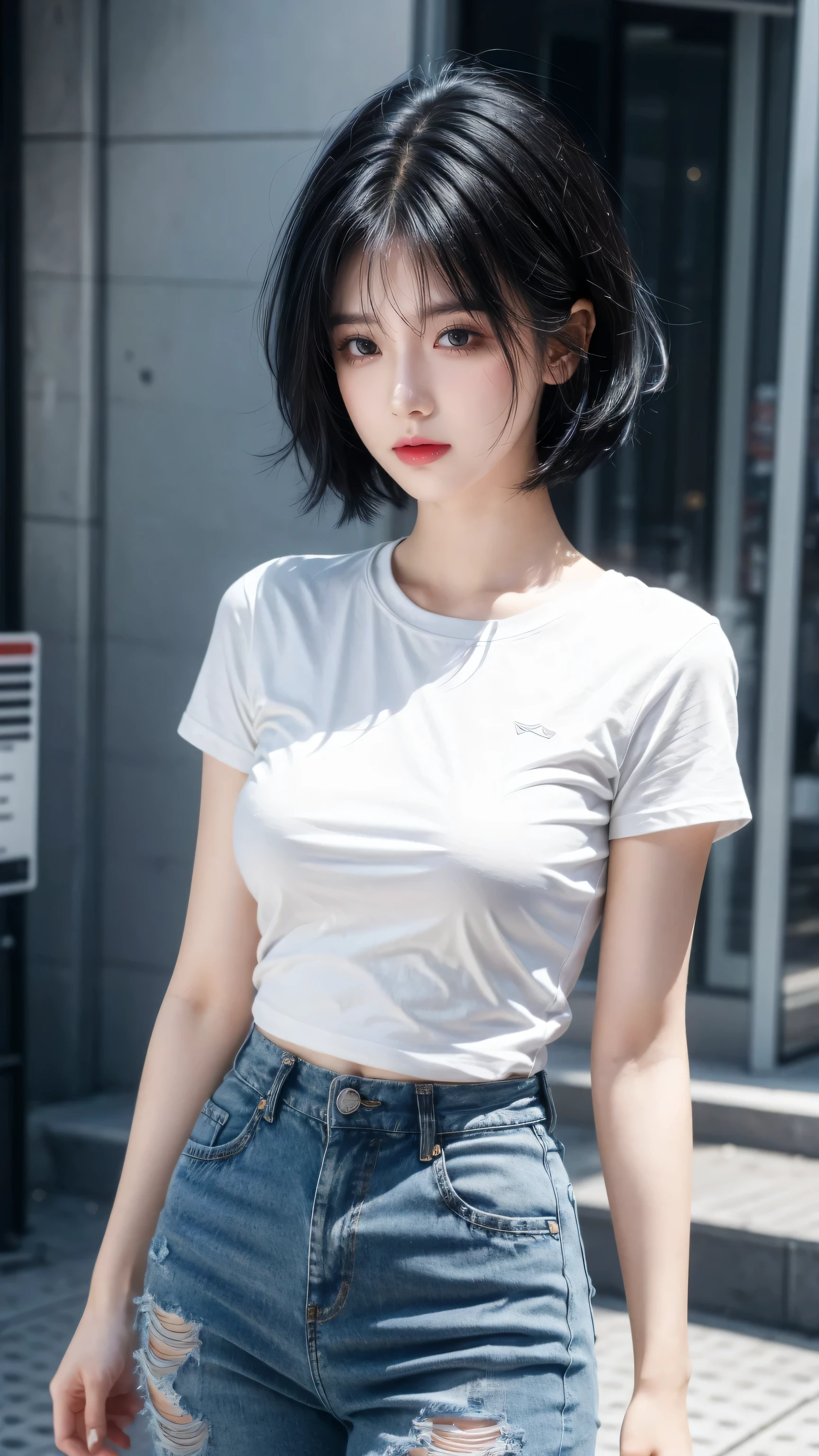 best quality, 1 Girl, dark blue hair, black eyes, Very short hair, Spiky hair, white t-shirt , High waist jeans, 171 cm, Messy hair, Hair between the eyes, Medium breasts, full, Tomboy, aldult, 20 years old, 1 Girl