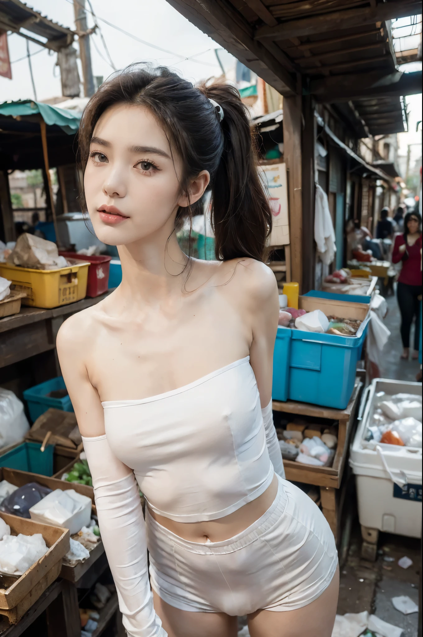 (Extremely meticulous CG),(((8k))),wallpaper,(Portrait above the chest:1.3),((Extremely refined and beautiful)),(((Masterpiece))),(((best qualtiy))),(((Ultra High Resolution))),beautiful light up,realistic shaded,(Smooth and flawless fair skin:1.5),(Extremely exquisite facial details:1.2),(ultra-detailed:1.5),((a beautiful girl,solo)),(short ponytail:1.2),(small head:1.2),(slender face:1.2),(Exquisite makeup:1.3),(smiling:1.2),(laughing:1.2),(perfect body:1.1),(long sleeves:1.3),(strapless tank top:1.5),(White boxer briefs:1.5),((slim,thin)),(bare back:1.3),(towering butts:1.3),(from back:1.3),(standing:1.3),(In the slums:1.3),(In a rundown market full of garbage everywhere:1.5),(dirty atmosphere:1.3),(outdoor:1.3),(stalls selling fruits:1.3),(early summer:1.3),(day scene:1.5),(cloudy:1.3),(surrounded by crowded crowds:1.5),(upper body:1.3),(butt crack:1.3)