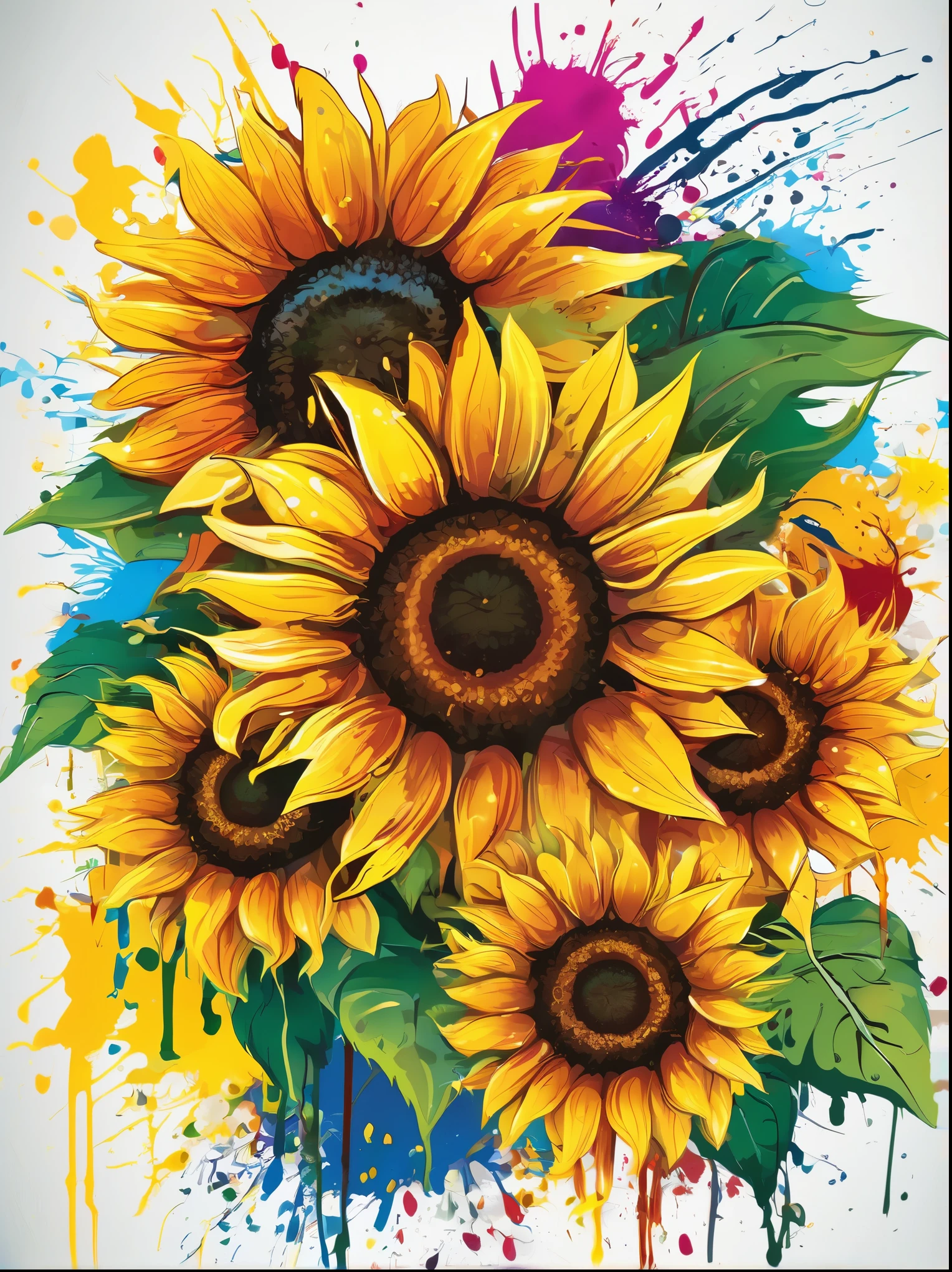 Vector Art, Colorful illustration with sunflowers, In the center, Vibrant colors, Paint splatters and stains, High Detail,Hawaii Background

