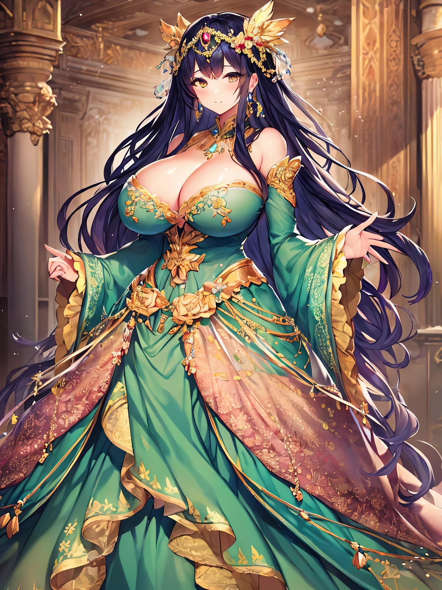 ((moe anime artstyle)),((Masterpiece)),(Best Quality),((Super Detail)),((Very Delicate and Beautiful)),((Solo)),full body,(((full body))),((1 bling-bling princess in beautiful embroidery and jeweled gorgeous rococo ballgown with voluminous full length hoop skirt)),((((absurdly gigantic tits,absurdly sagging tits)))),((cleavage)),Skindentation,((detailed face and eyes)),jewel-like eyes,((crinoline,long train)),((standing in royal palace)),super detailed voluminous gorgeous rococo ballgown with voluminous full length hoop skirt,(((bling-bling voluminous gorgeous rococo ballgown with beautiful embroidery and jeweled))),((Very Long Straight Hair,large amount of straight hair, absurdly long Straight hair)),extremely gorgeousfull hair ornament,(extremely gorgeous jeweled tiara),luxurious jewelry,full body,((beautiful embroidery and jeweled gorgeous rococo ballgown with voluminous full length hoop skirt))