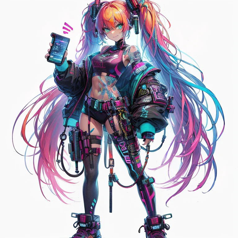 (masterpiece, Best Quality), (Perfect athlete body:1.2), (detailed hairs), Ultra-detailed, Anime style, Full body, Cyberpunk hacker girl, very colorful neon hair, full body neon light tattoo, dressed in cyberpunk wear and cyber headgear, holding a high-tech mobile device, wearing high tech sneakers, standing in a wasteland, 8k high resolution, white background, whole-body, full-length view, bad smile
