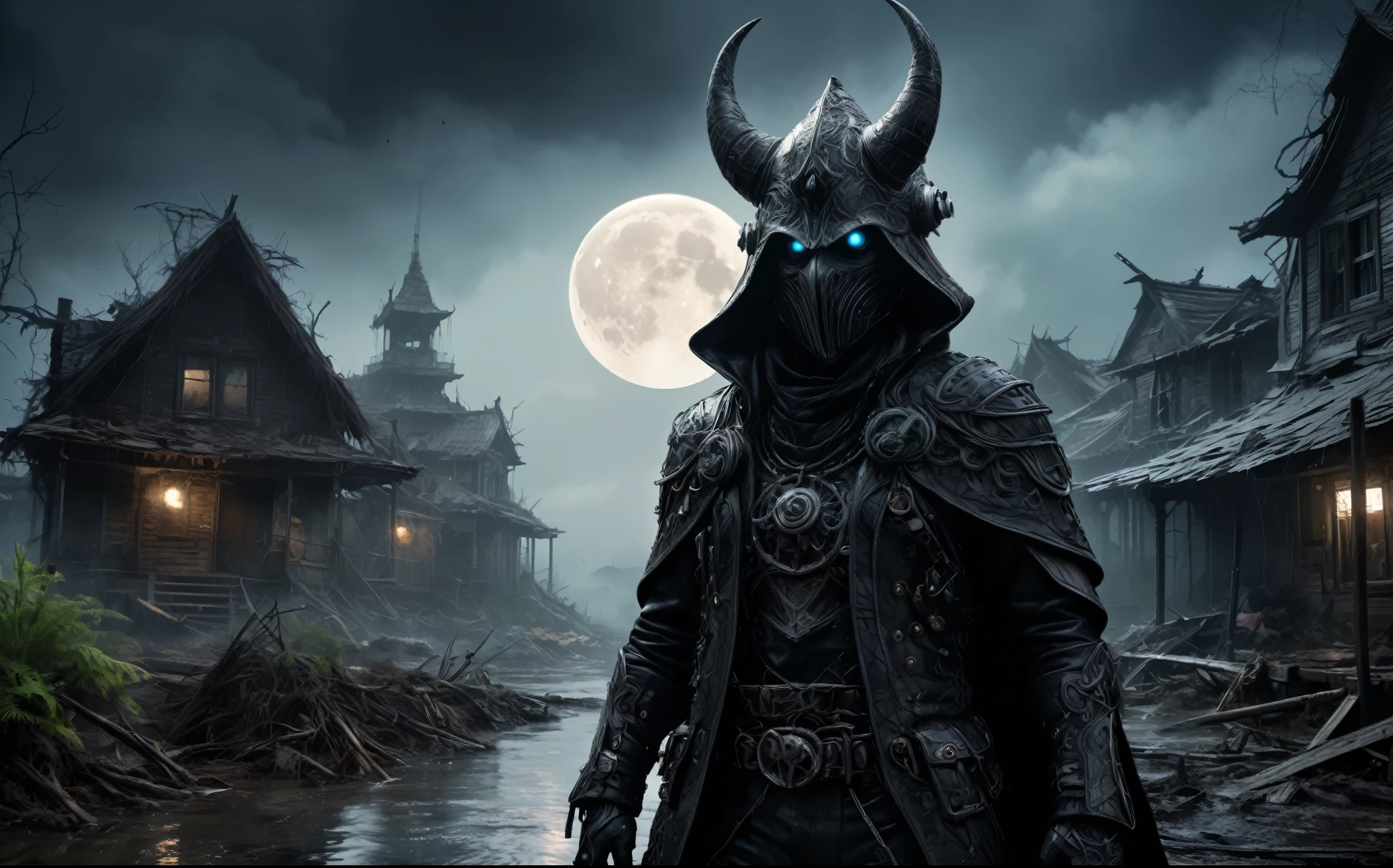full body length,Obsidian jibaro,ominous swamp,Obsidian moon,intricate details of night,realistic humid skin,Hobgoblin,Fashioned from rocks, collapsed city, post apocalypse, smoke and fog in the air, sky covered with toxic cloud, collapsed building, (post apocalypse theme), perfect facial symmetry, full body shot, hyper realism, hyper detailed,Extremely detailed,High contrast,Masterpiece,Realistic,Ultra Detailed, intricate details,realistic humid leather,extremly intricate,Epic Realistic, cinematic style,irina yermolova,high contrast,hdr,extremely detailed,masterpiece, intricate details, eyes extremely detailed, high detailed eyes,8k resolution,retina, Nikon Z9, vivid light, fantasy, Abstract, Surrealism, super detailed, high resolution, stop:35;